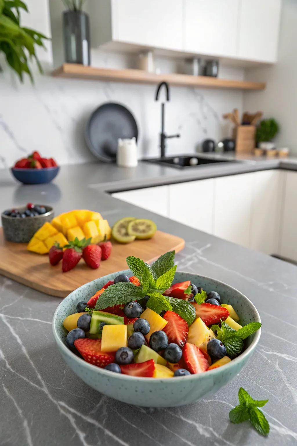 Plants like mint add a refreshing and aromatic touch to fruit medleys.