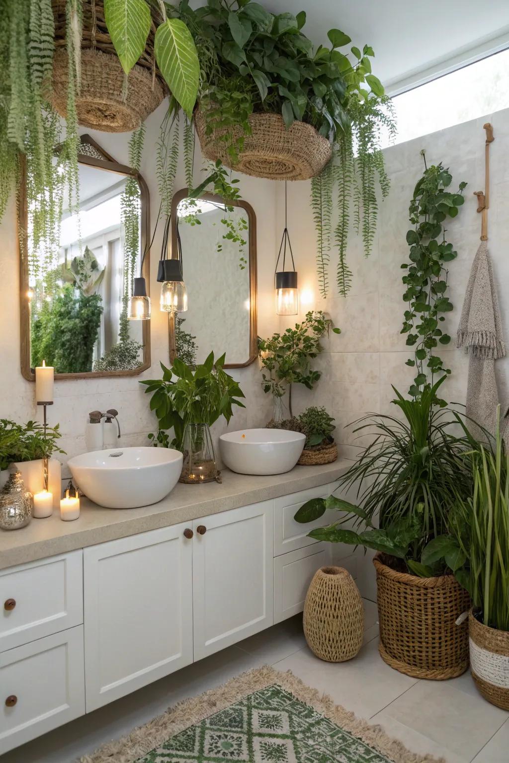 Greenery adds a refreshing touch to this stylish bathroom.