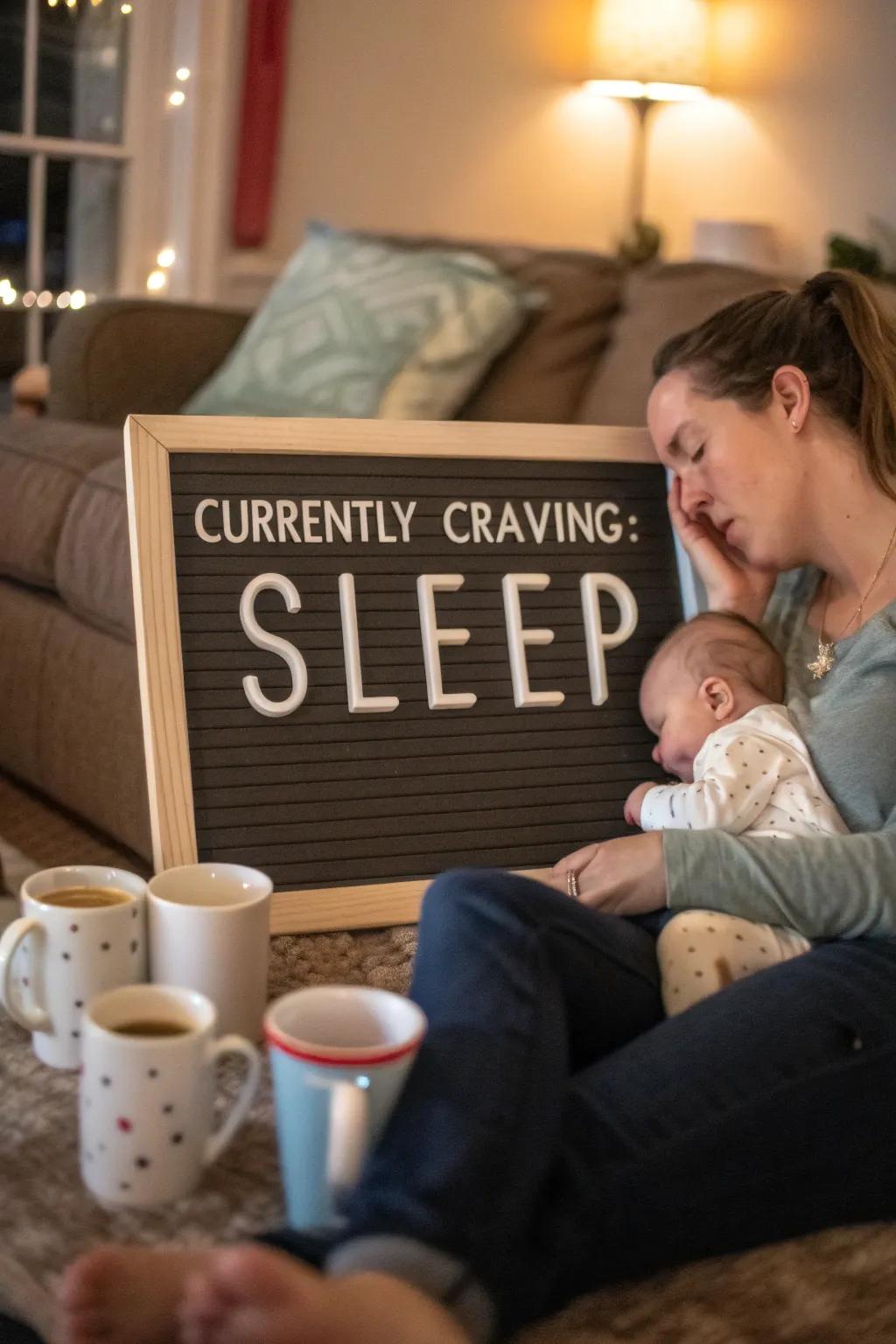 A humorous reference to the sleep struggles of new parents.
