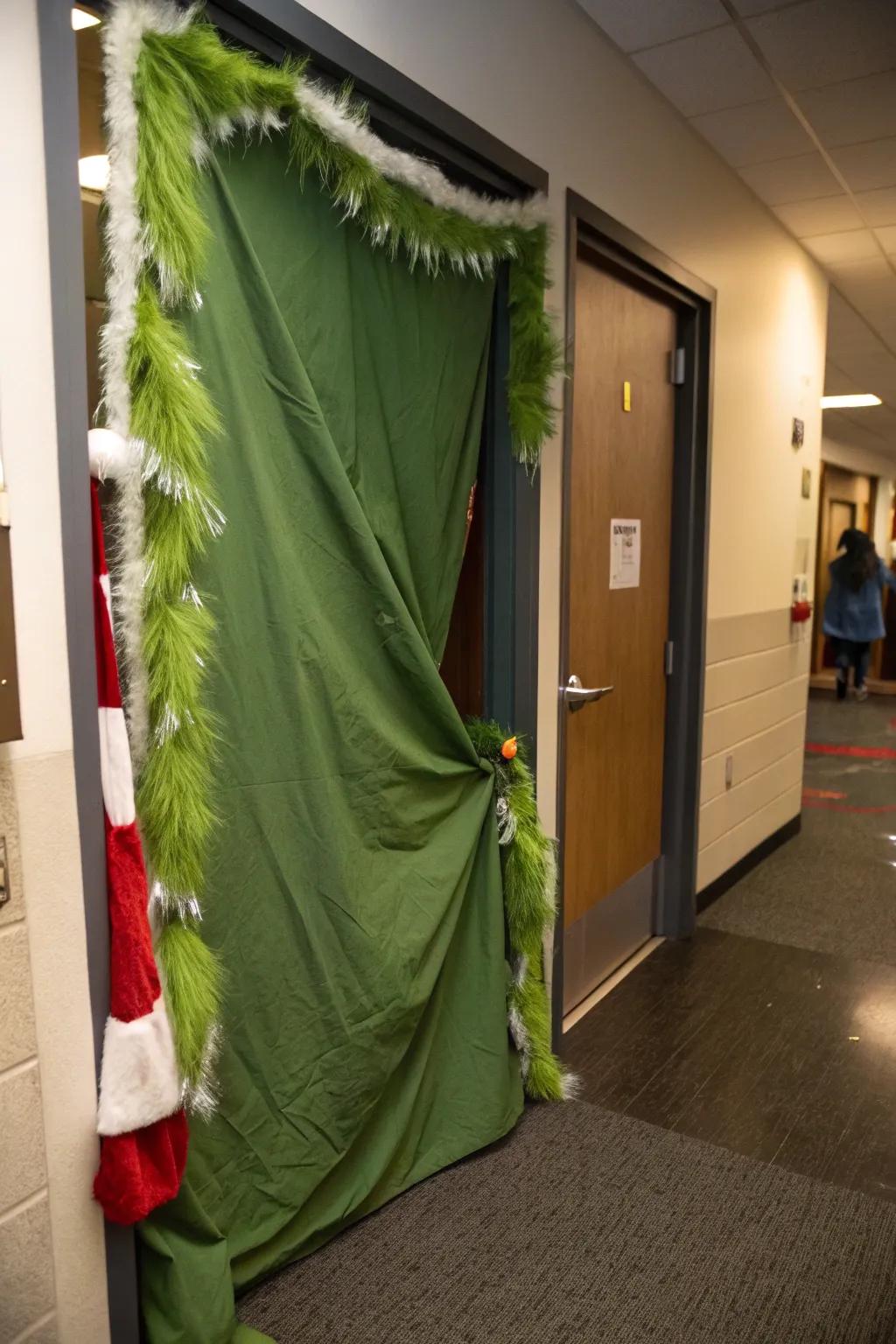The Grump's hideaway makes for a humorous and festive Christmas door.