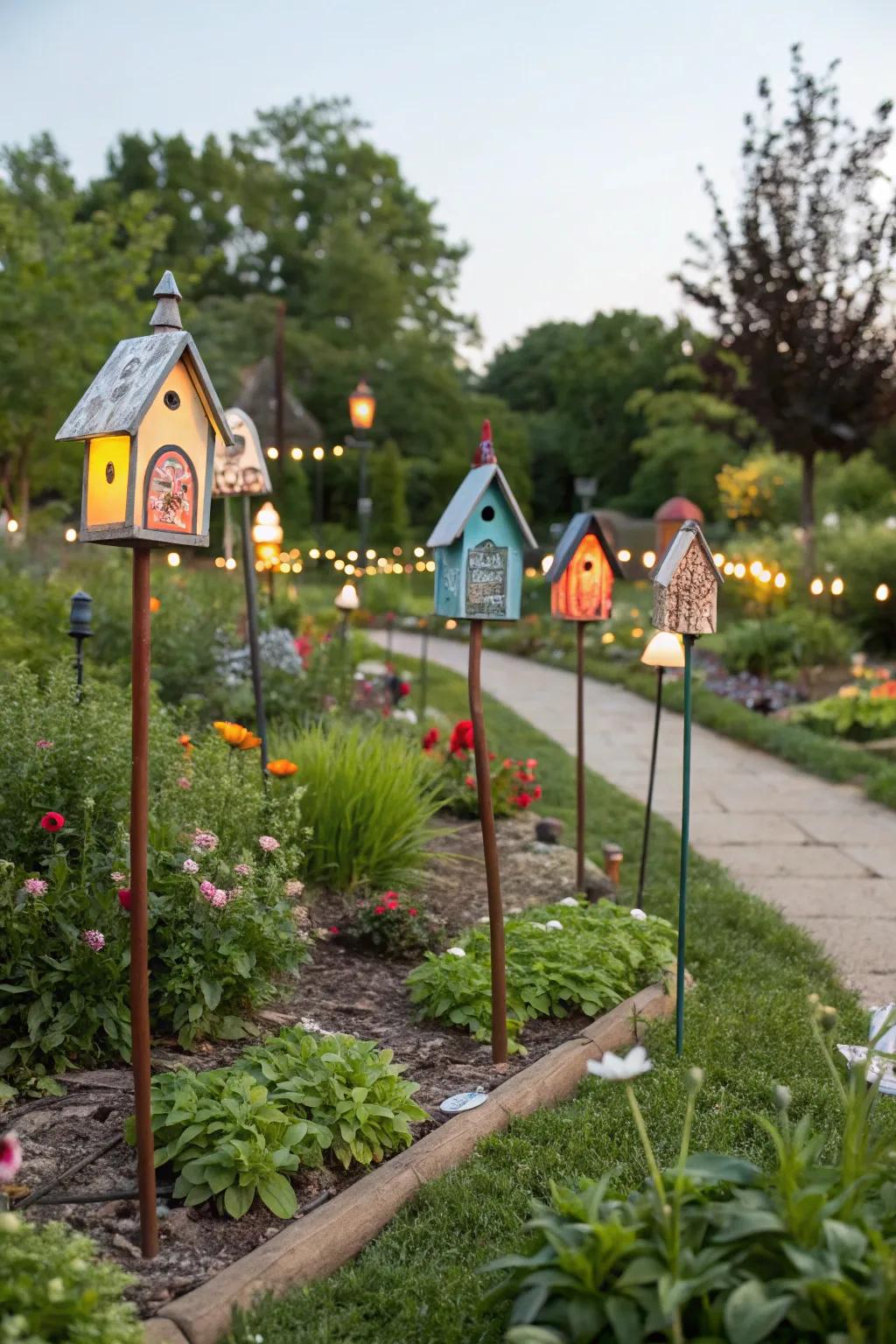 Tiny house accents turning the garden into a whimsical village.