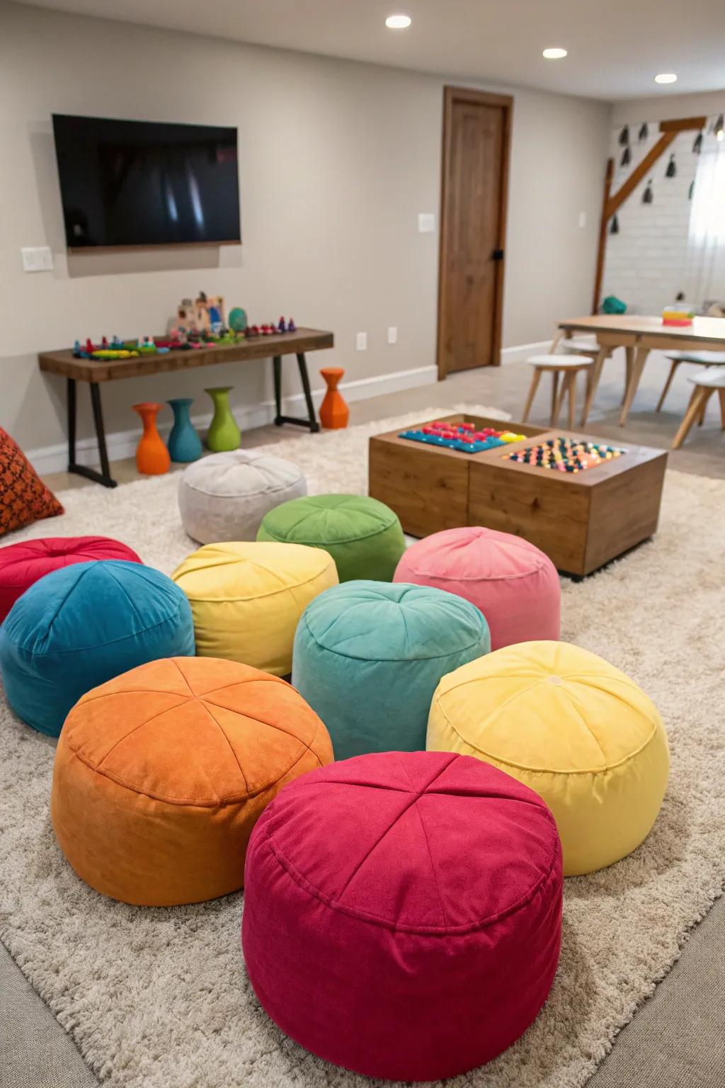 Bright poufs give energy and seating to your game room.