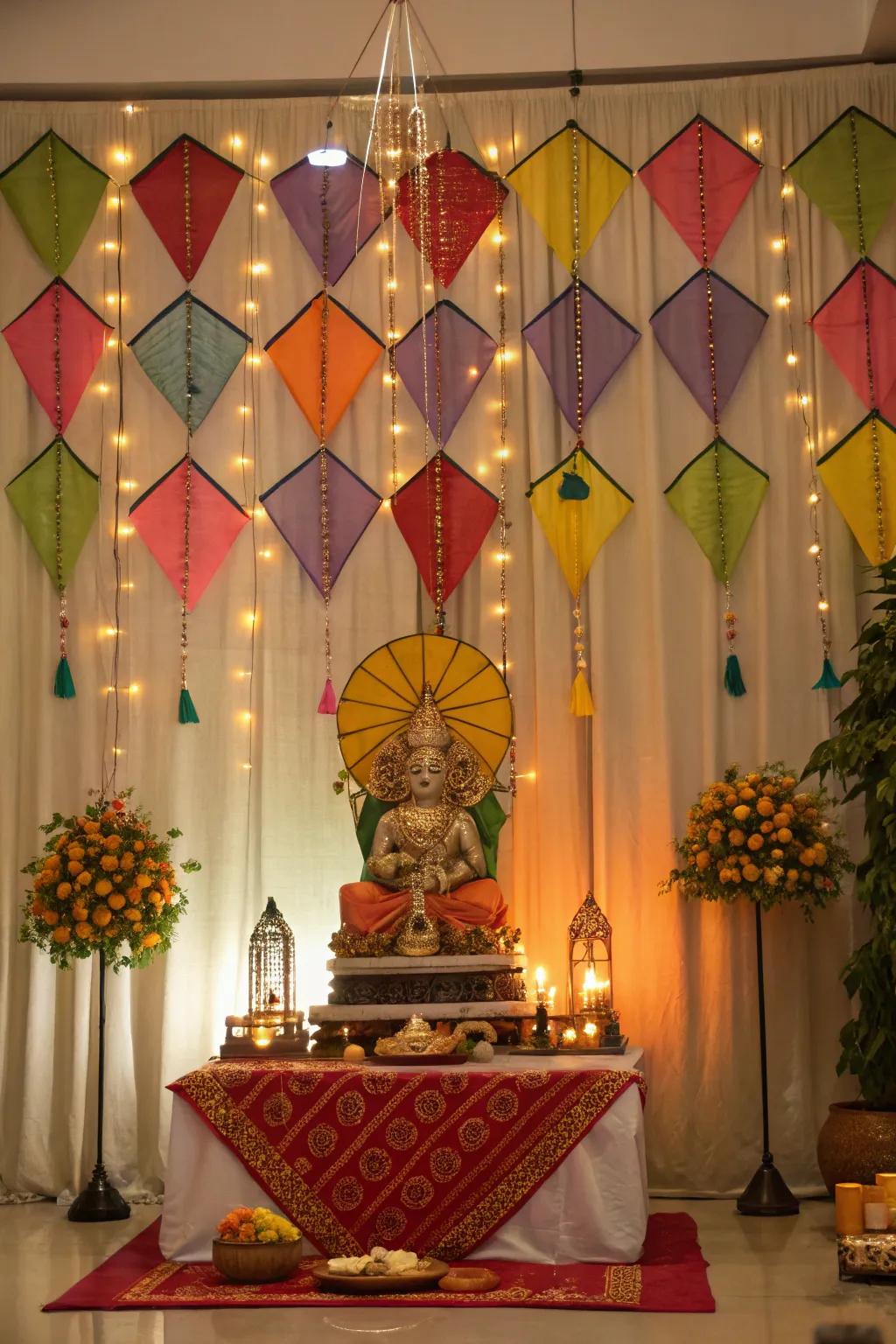 Soaring objects creating a playful and vibrant backdrop for Ganpati.
