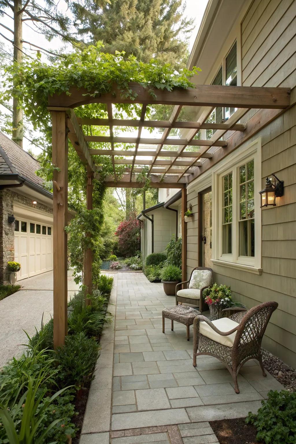 A nice covered walkway that joins the garage to the house.
