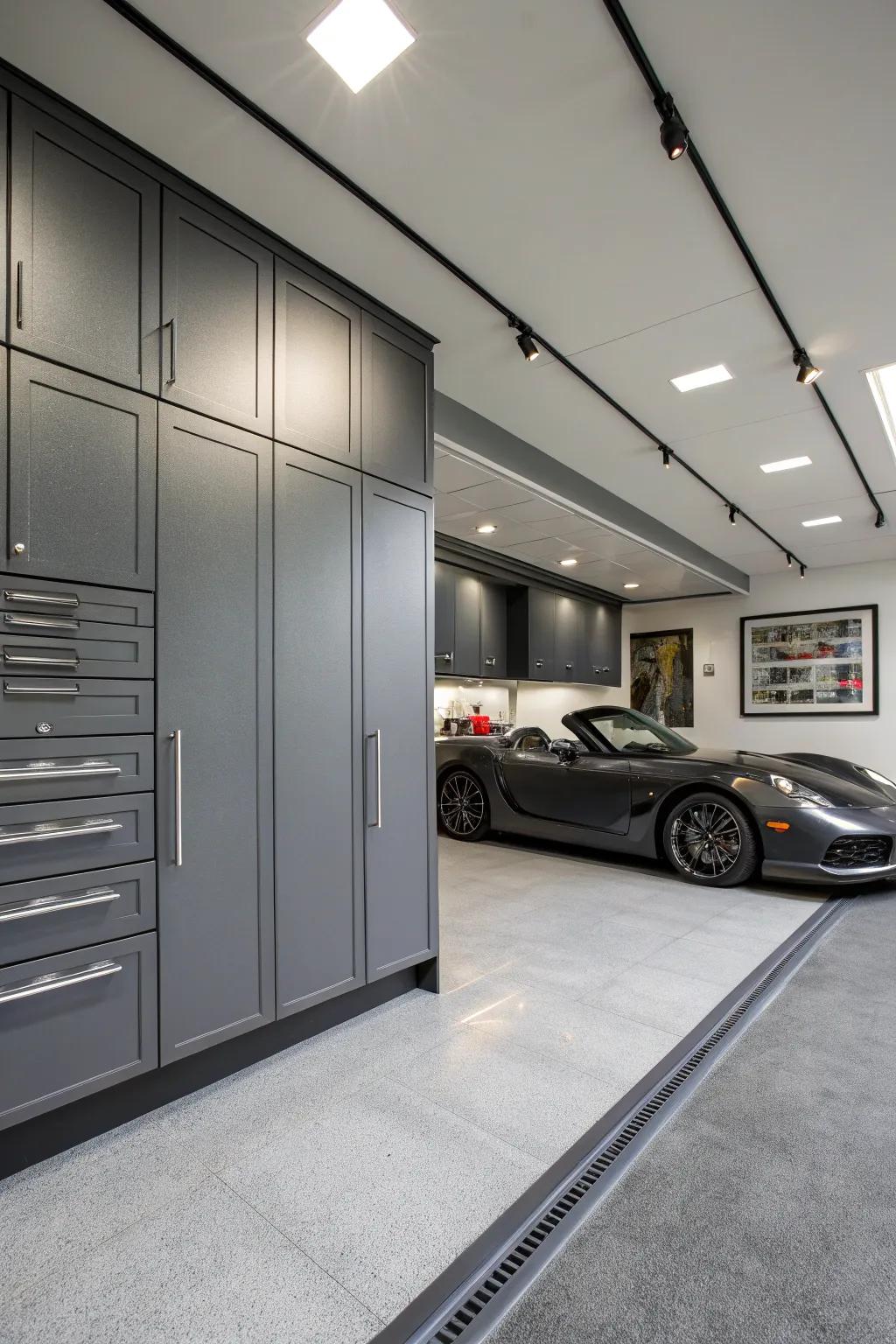 Pewter gray cabinets add a hint of luxury.