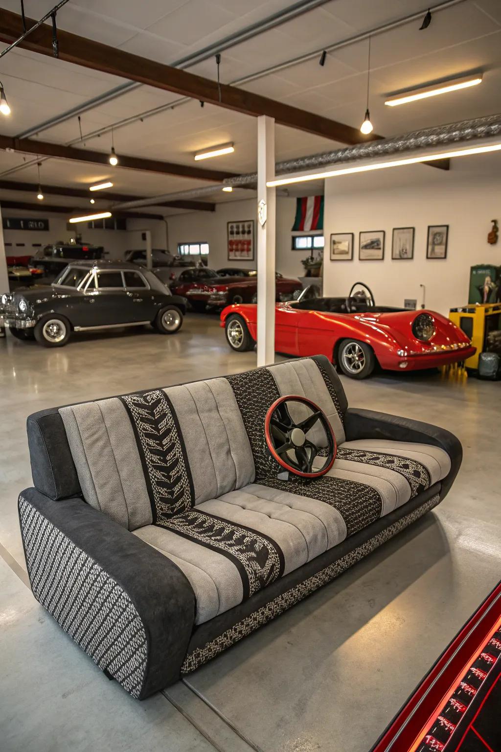 Automotive-themed sofas commemorate vehicle culture, flawless for garage enthusiasts.