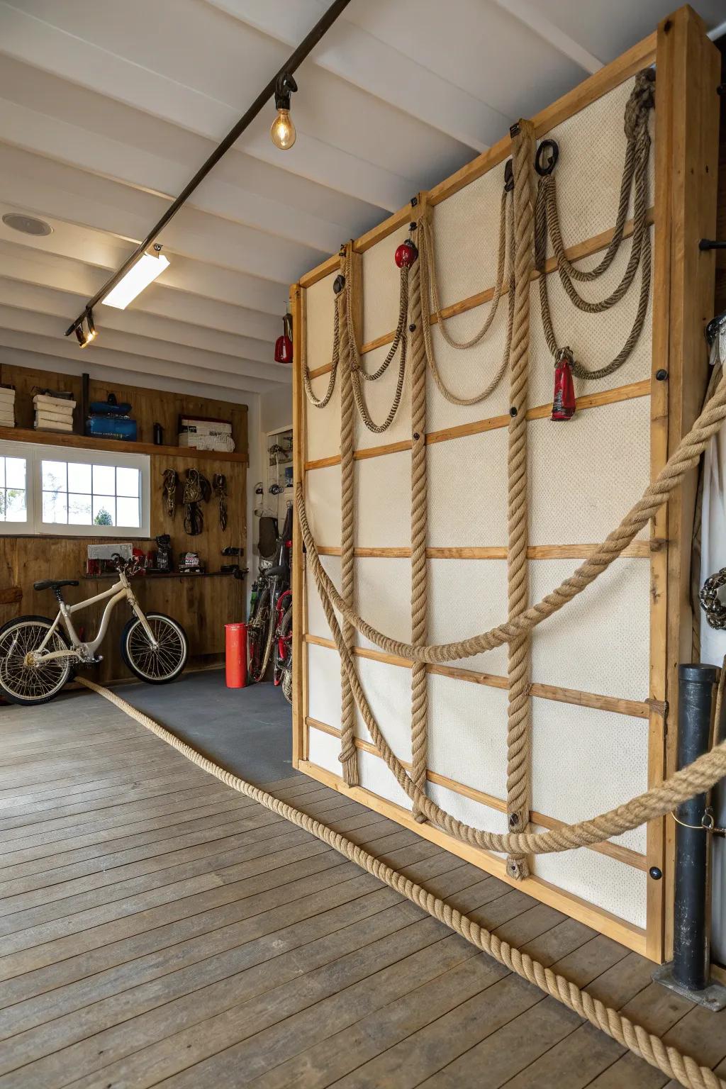 Corded wall dividers institute a marine motif with gentle partitioning.