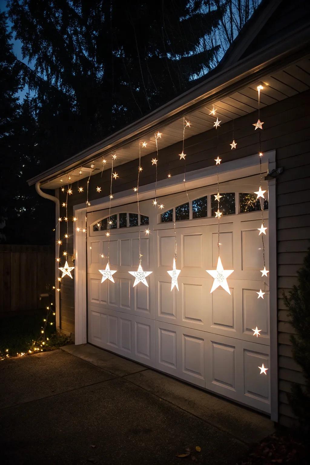 Garage door embellished with glowing stars for a celestial look.