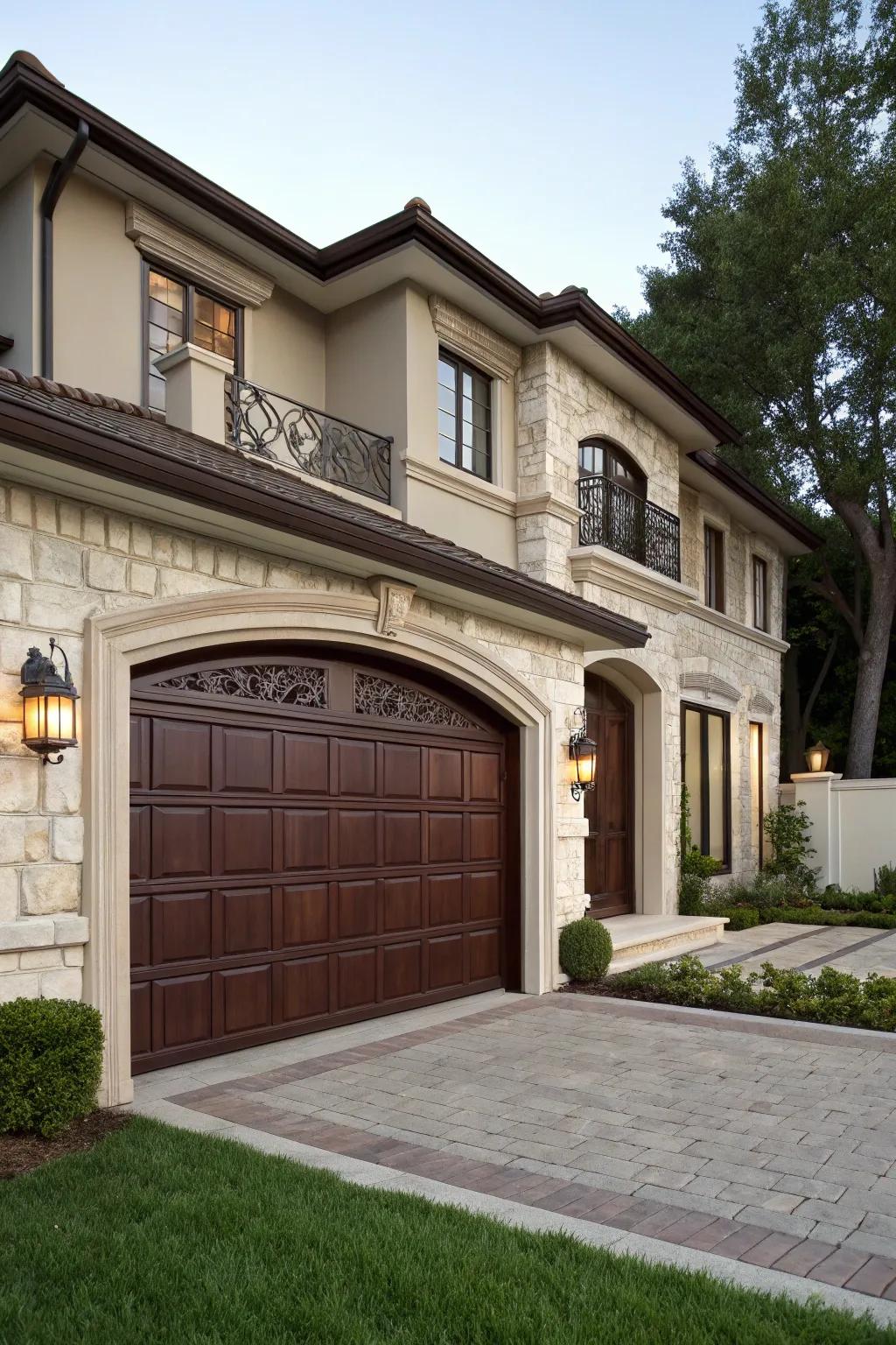 Luxurious cocoa brown garage entrances provide a lavish and warm appeal.