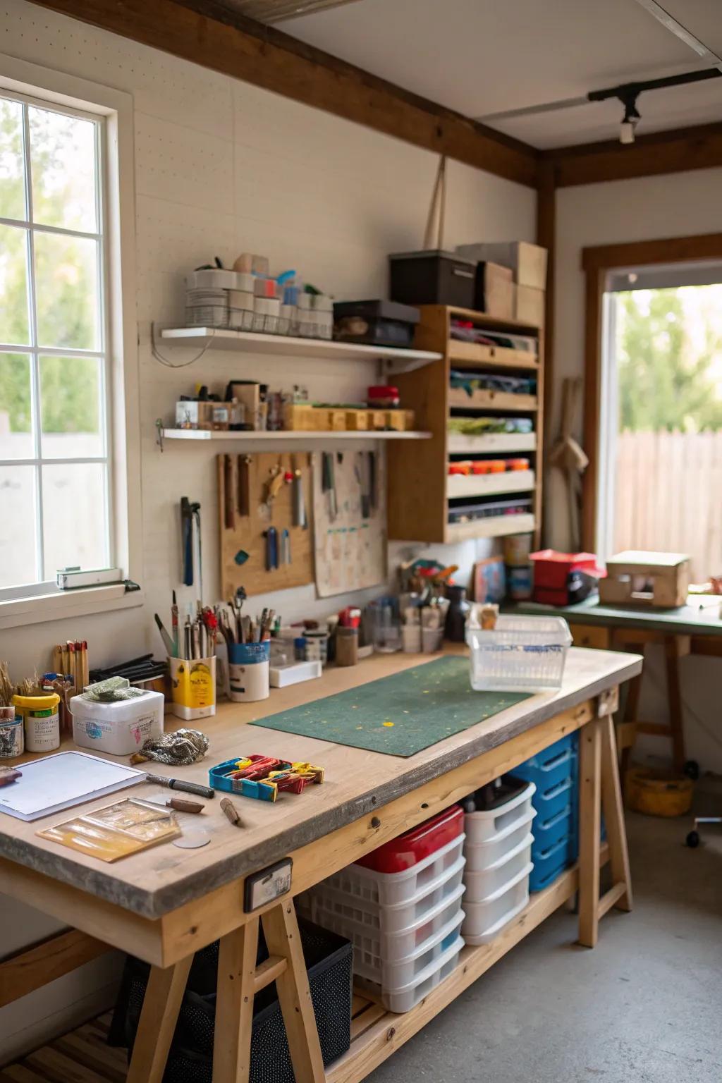 A dedicated hobby space makes the garage a creative haven.