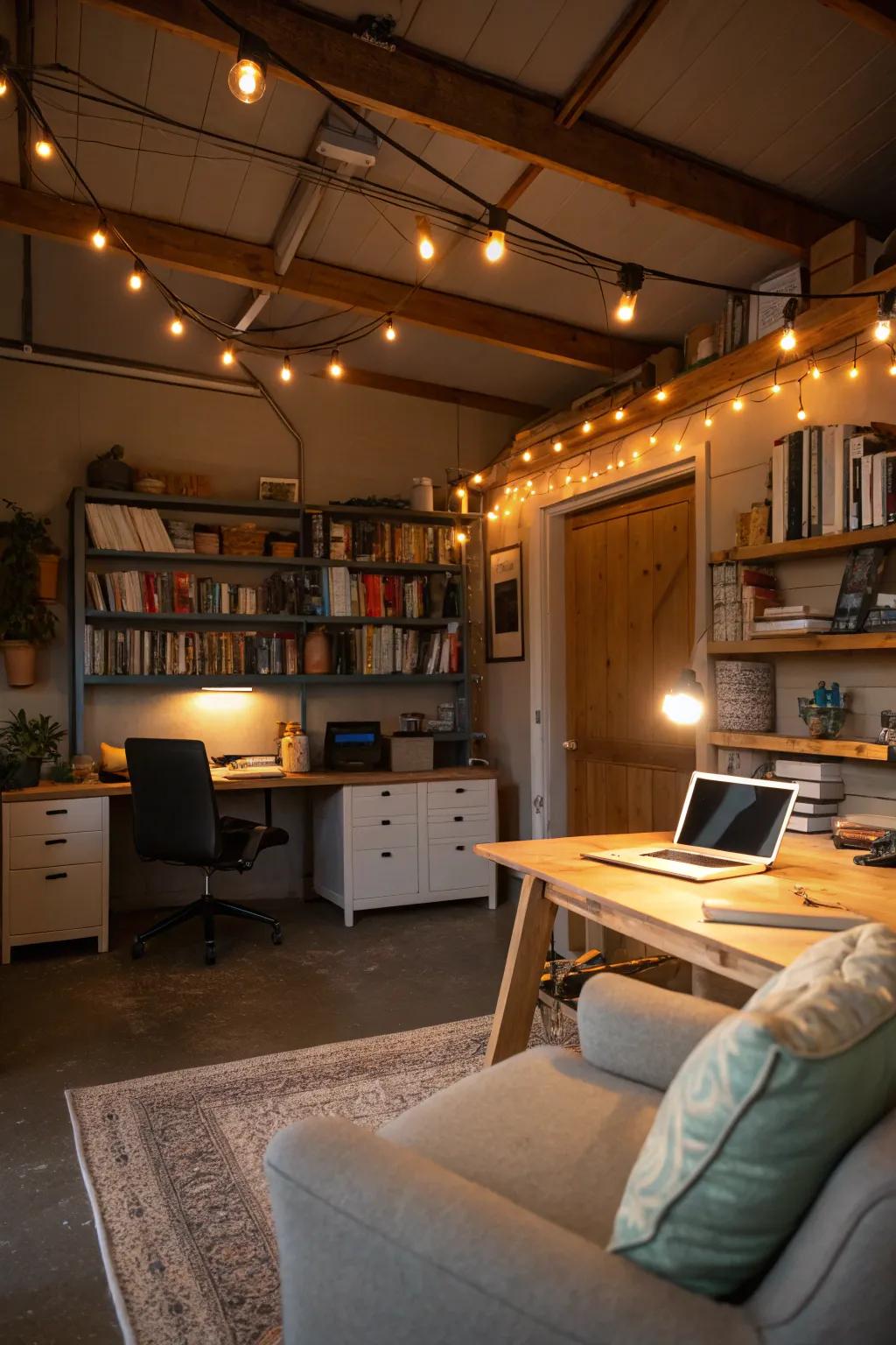 Ambient lighting enhances the atmosphere of your garage office.