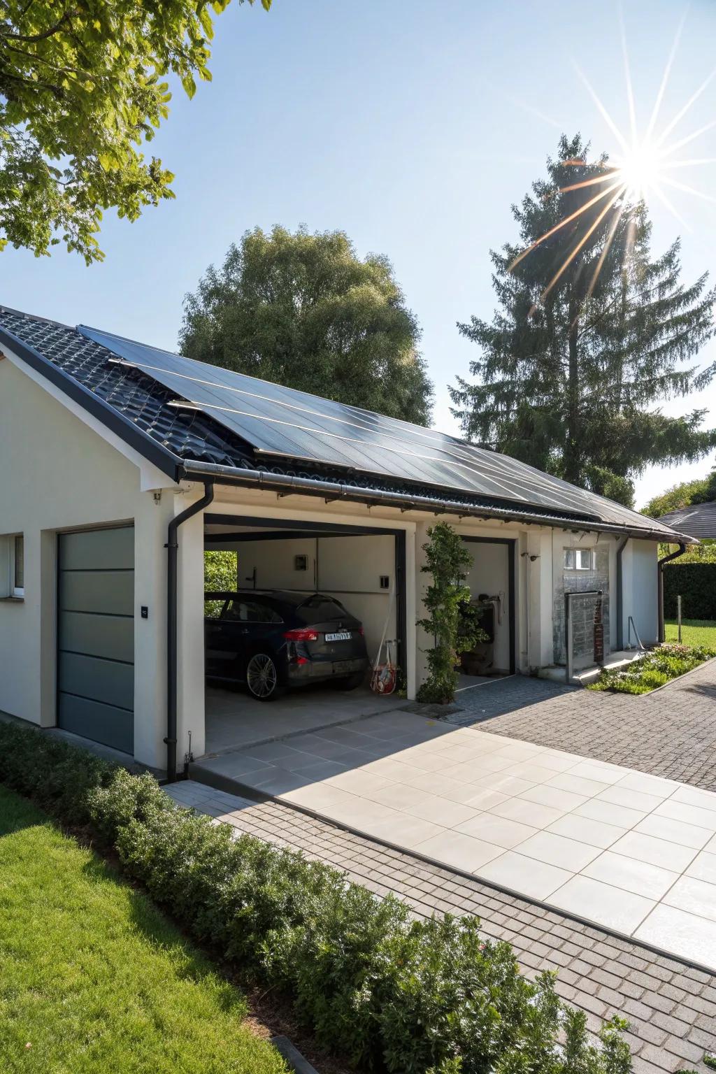 Solar collectors seamlessly integrated into a garage roof extension.