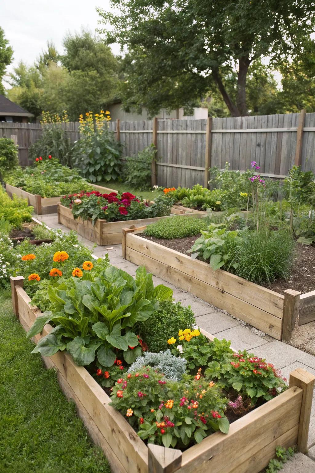 Raised garden beds overflowing with a variety of plants, adding structure and order.