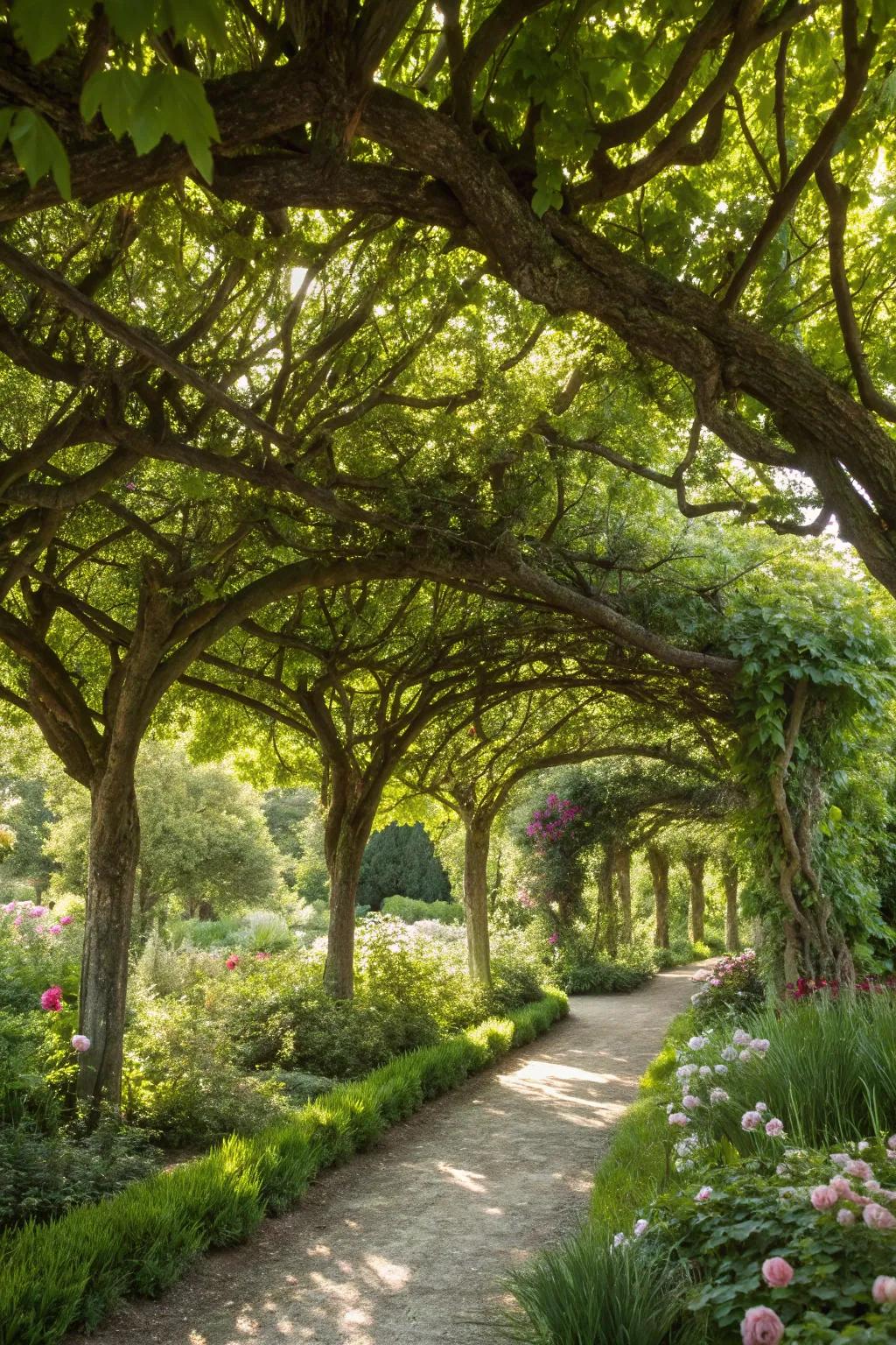 A garden hideaway formed by a natural roof of tree canopies.