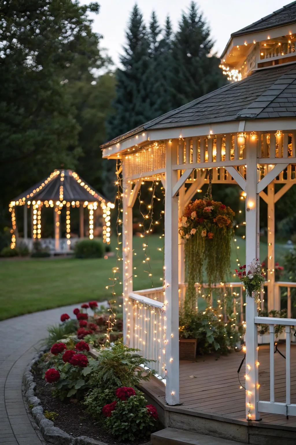String lights inject a festive charm into the gazebo.