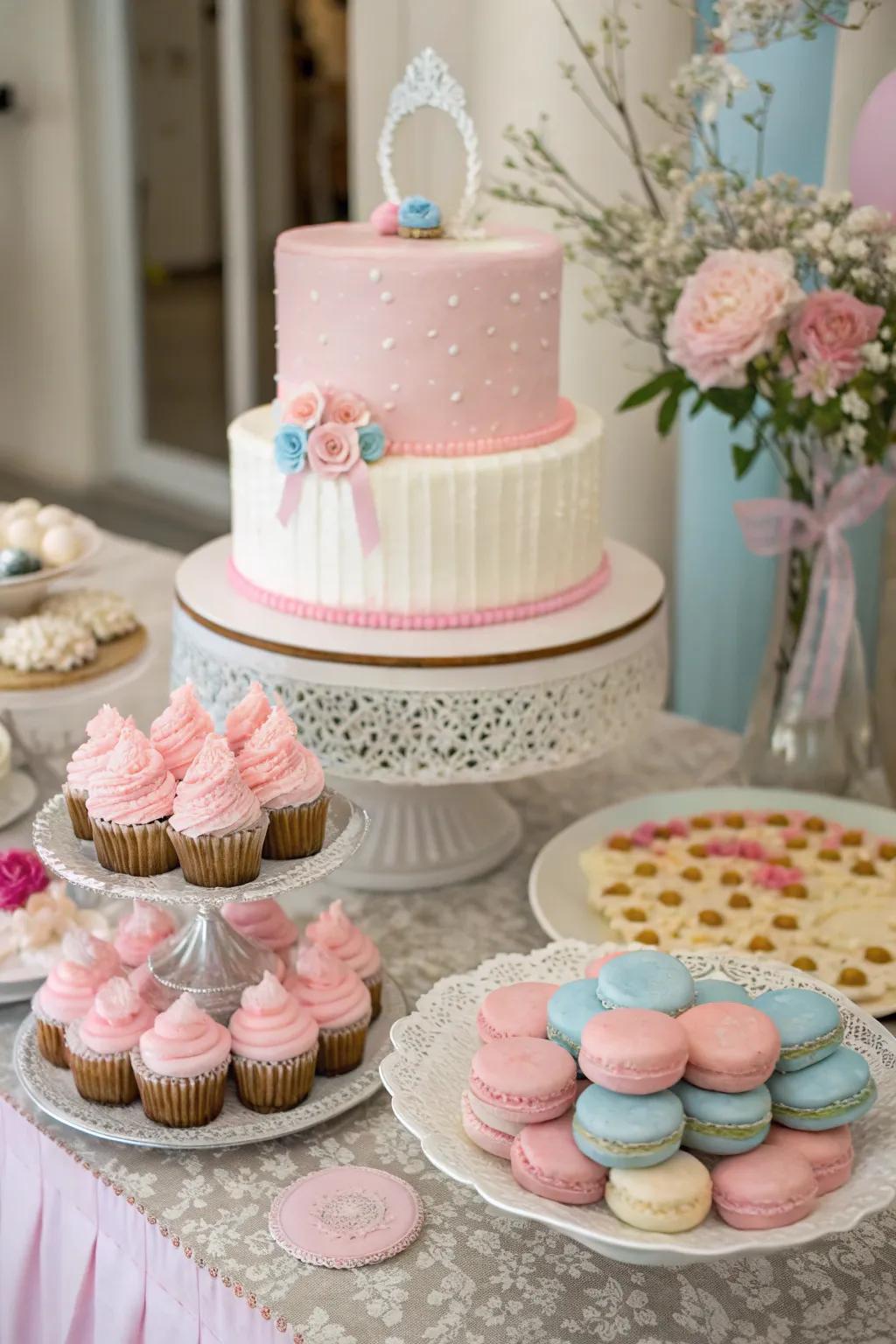 A beautifully decorated cake serves as a delicious focal point for the party.