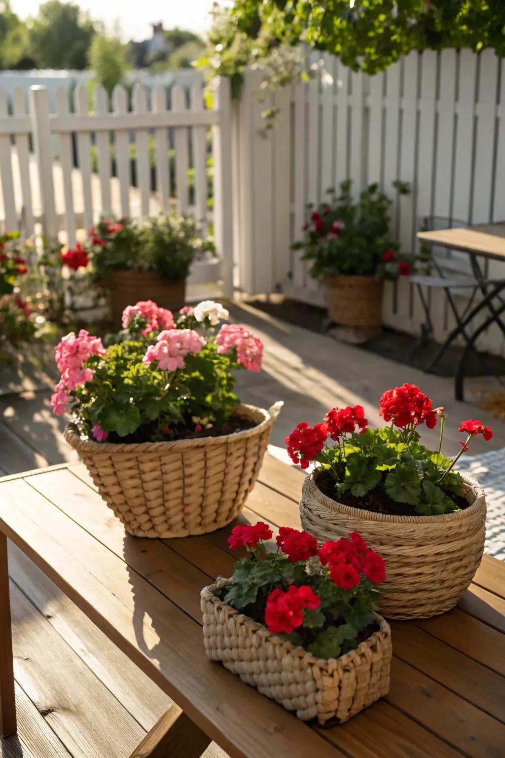 Woven basket containers filled with radiant sunbeam blooms fashion a warm and inviting patio display.