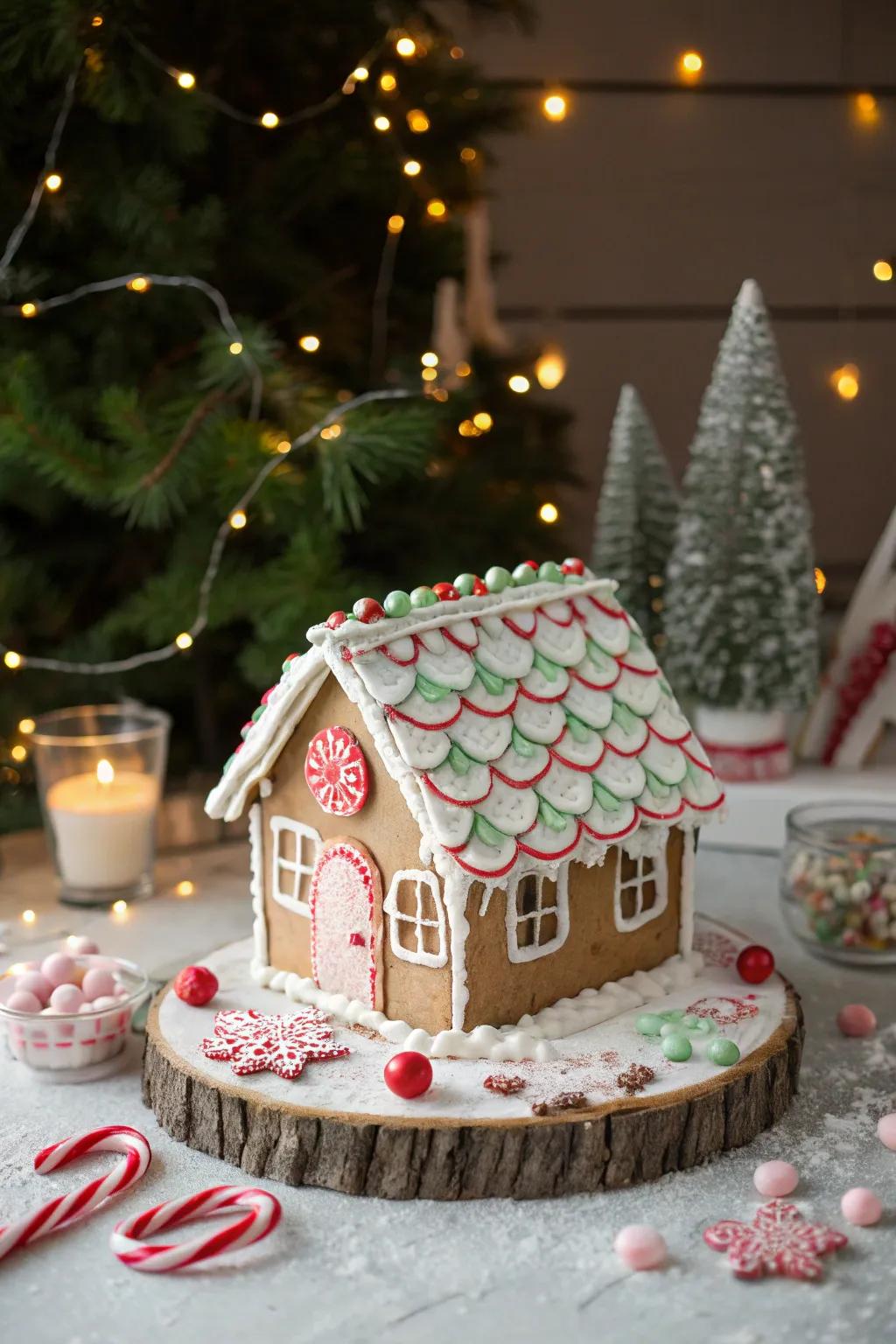 A gingerbread rooftop featuring peppermint crust slates.