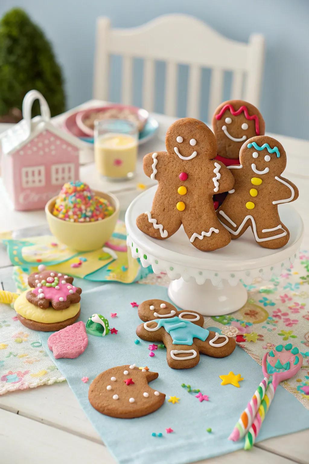 Playful gingerbread men in fun poses for a whimsical touch.