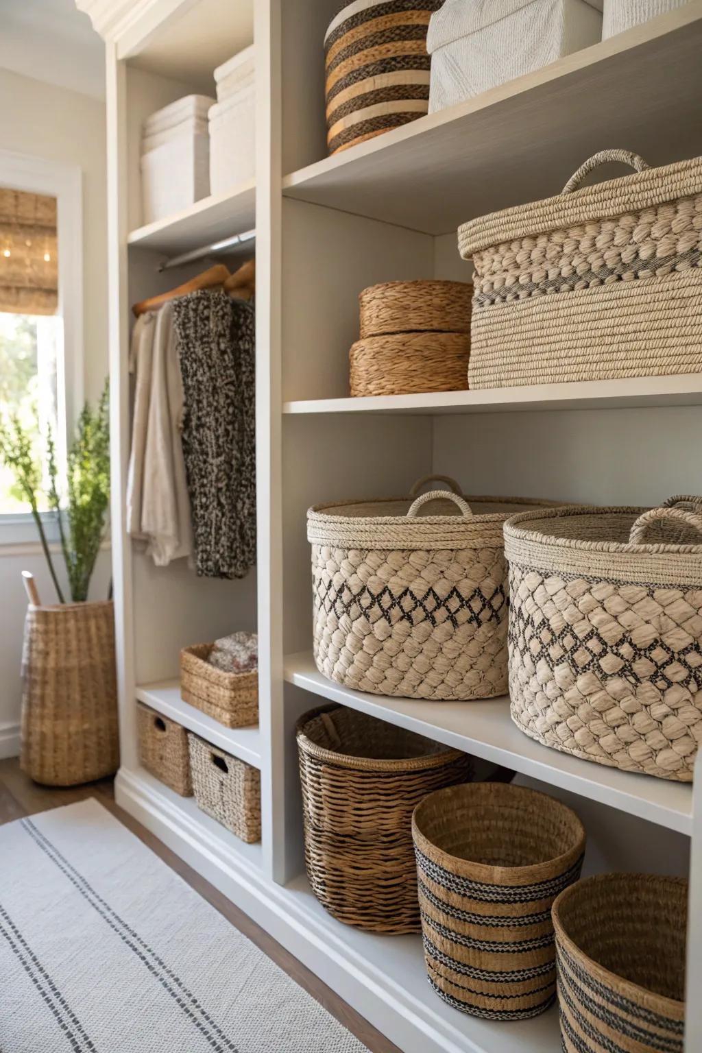 Baskets merge elegance with useful storage solutions.