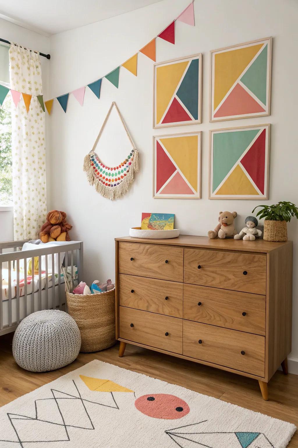 Abstract wall graphics add a modern spin to the nursery.