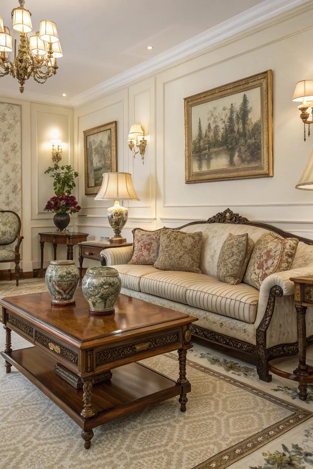 A charming living room with timeless finds adding uniqueness.