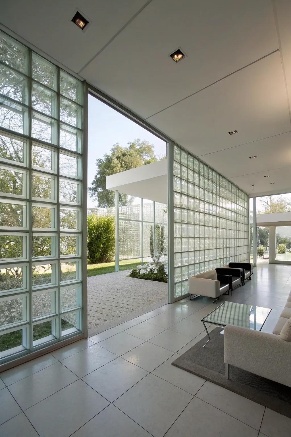 A modern interior with sleek glass block walls, seamlessly blending with contemporary aesthetics.