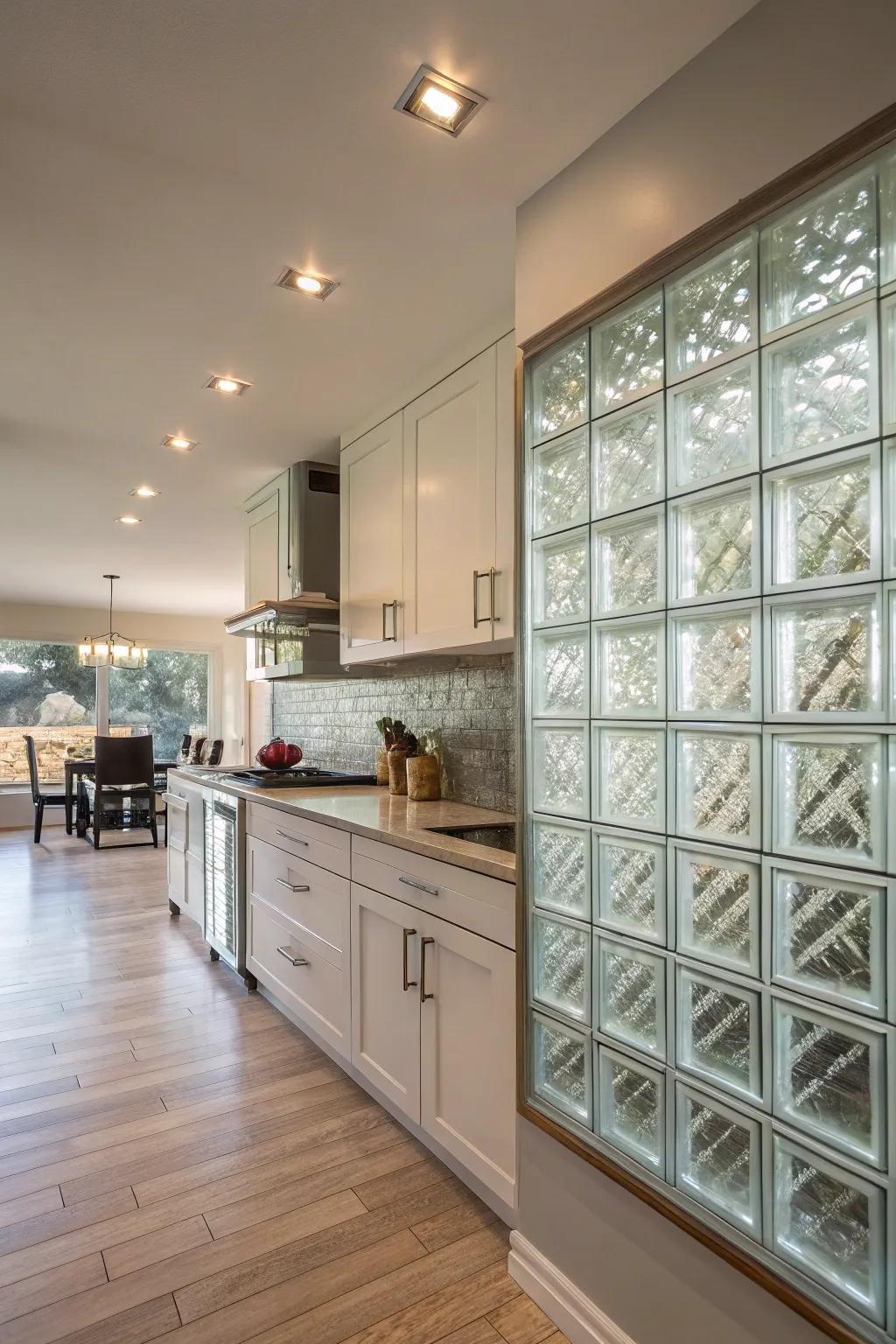 A cooking area highlighting a fashionable and radiant glass tile wall board.