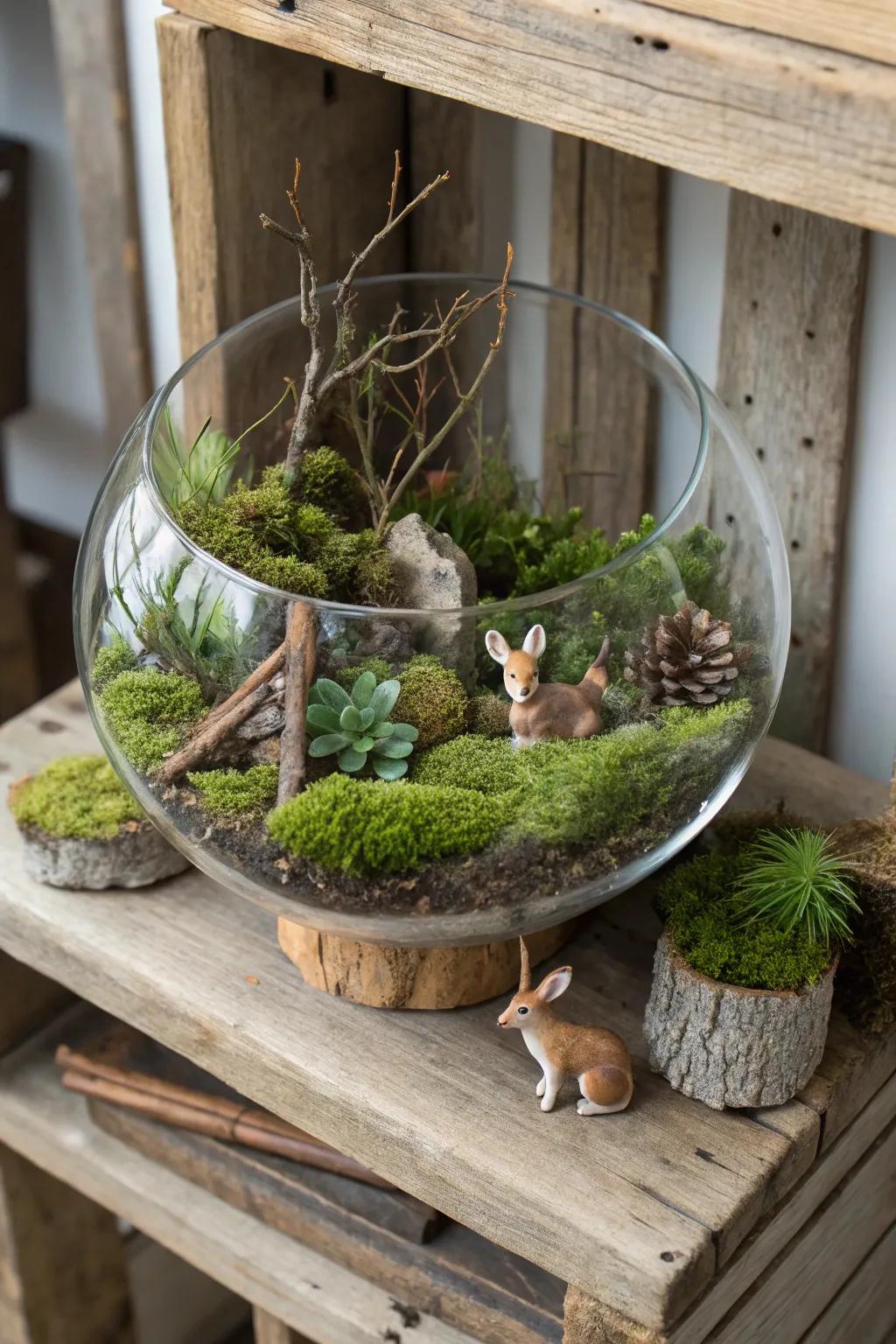 Woodland charm with natural elements in a glass bowl.