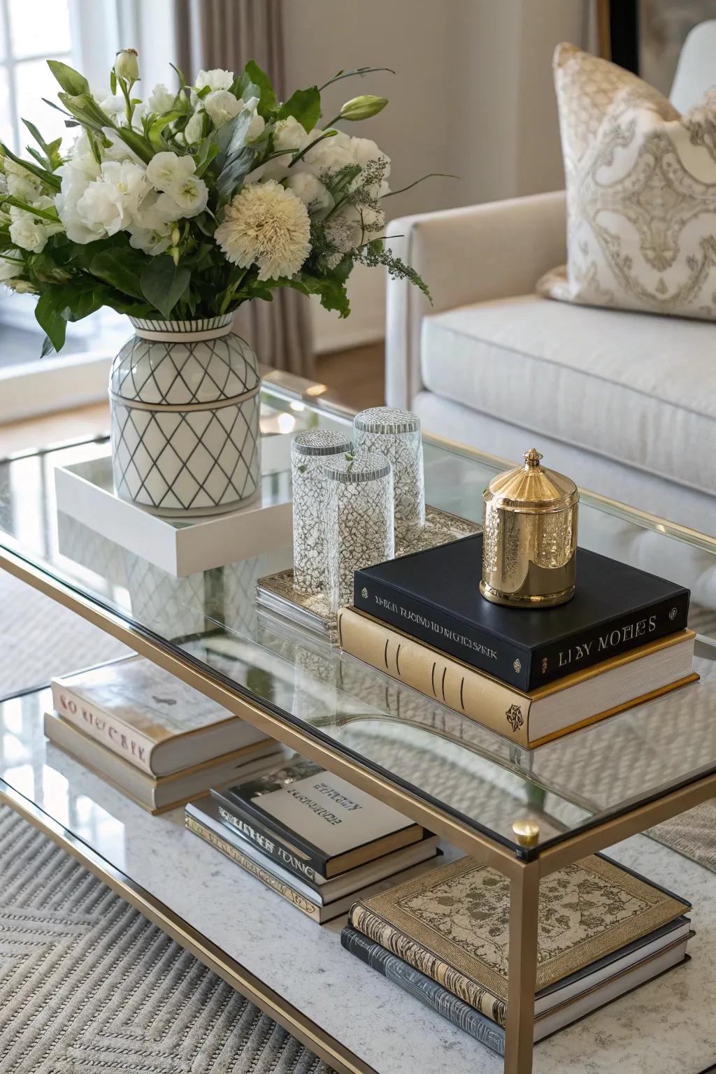 With layered decor elements, a glass coffee table gains depth.