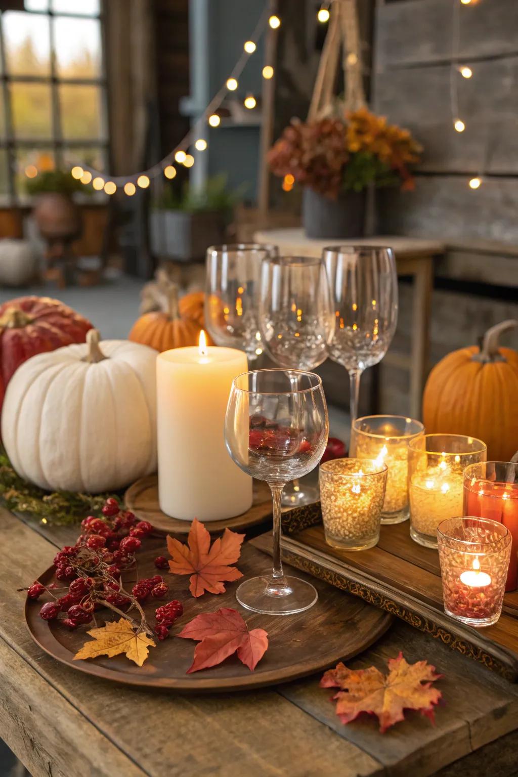 A fall-themed glassware display creating a warm ambiance.
