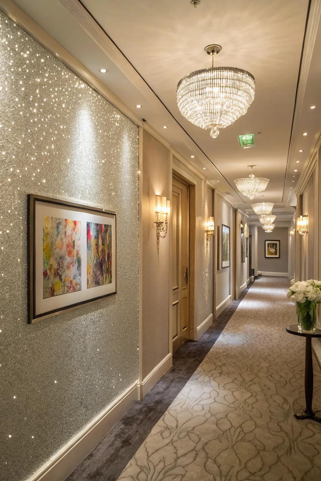 A shimmering feature wall highlights a hallway.