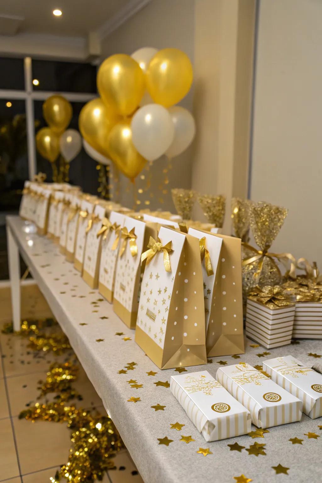Thoughtful golden party favors for cherished guests.