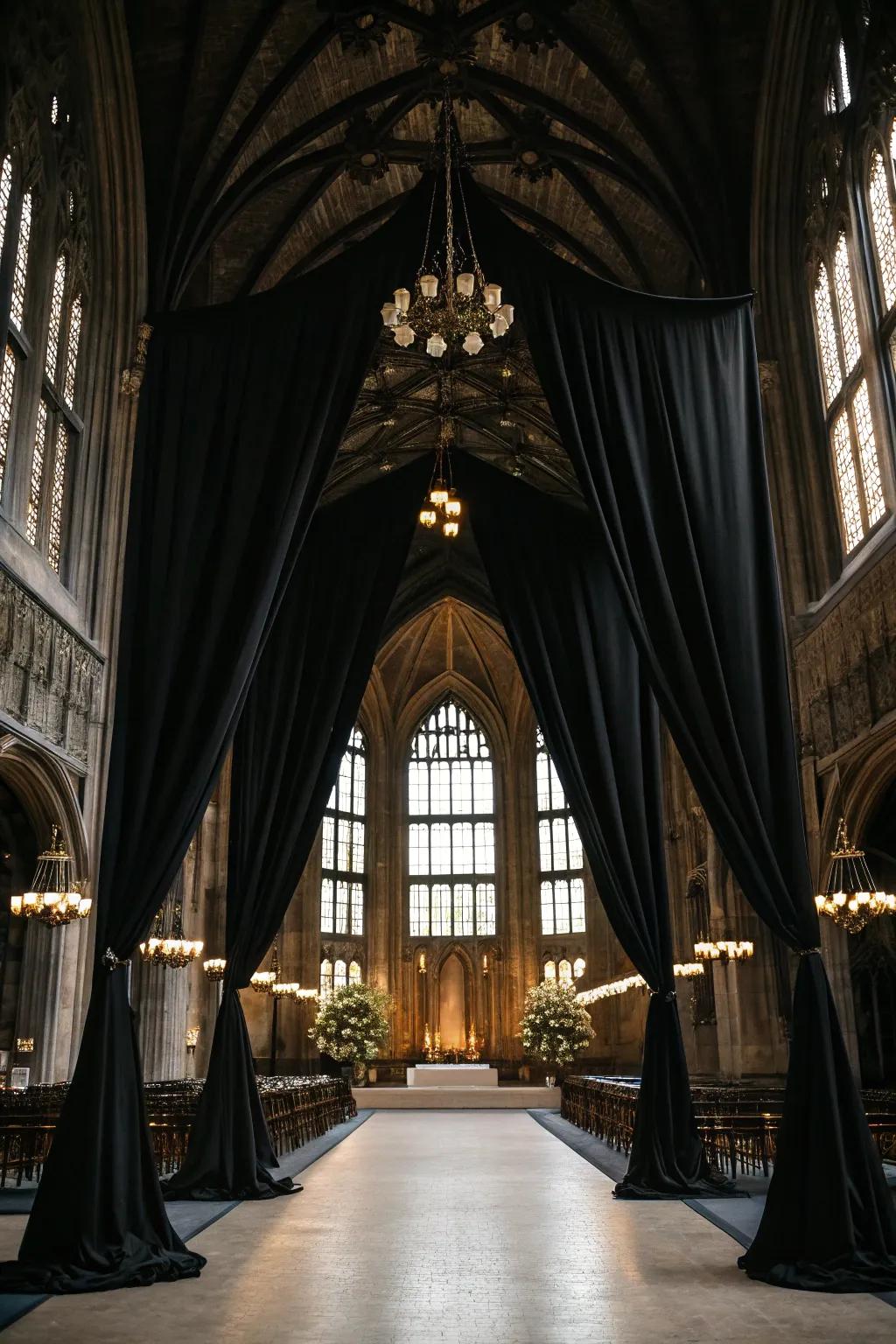 A gothic wedding venue displaying refined ebony drapery.