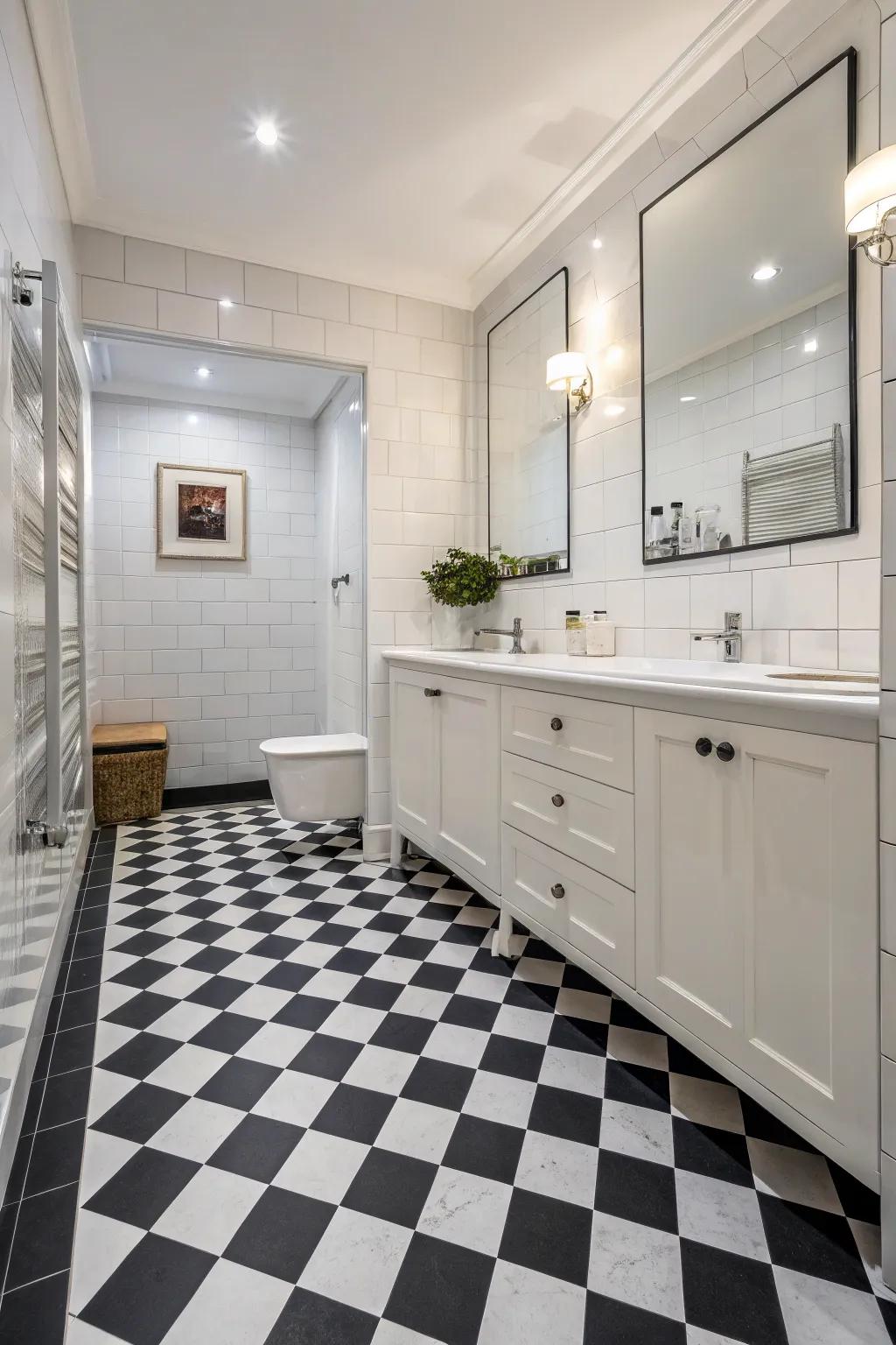 Striking floor tiles make a dramatic statement in this gothic bathroom.