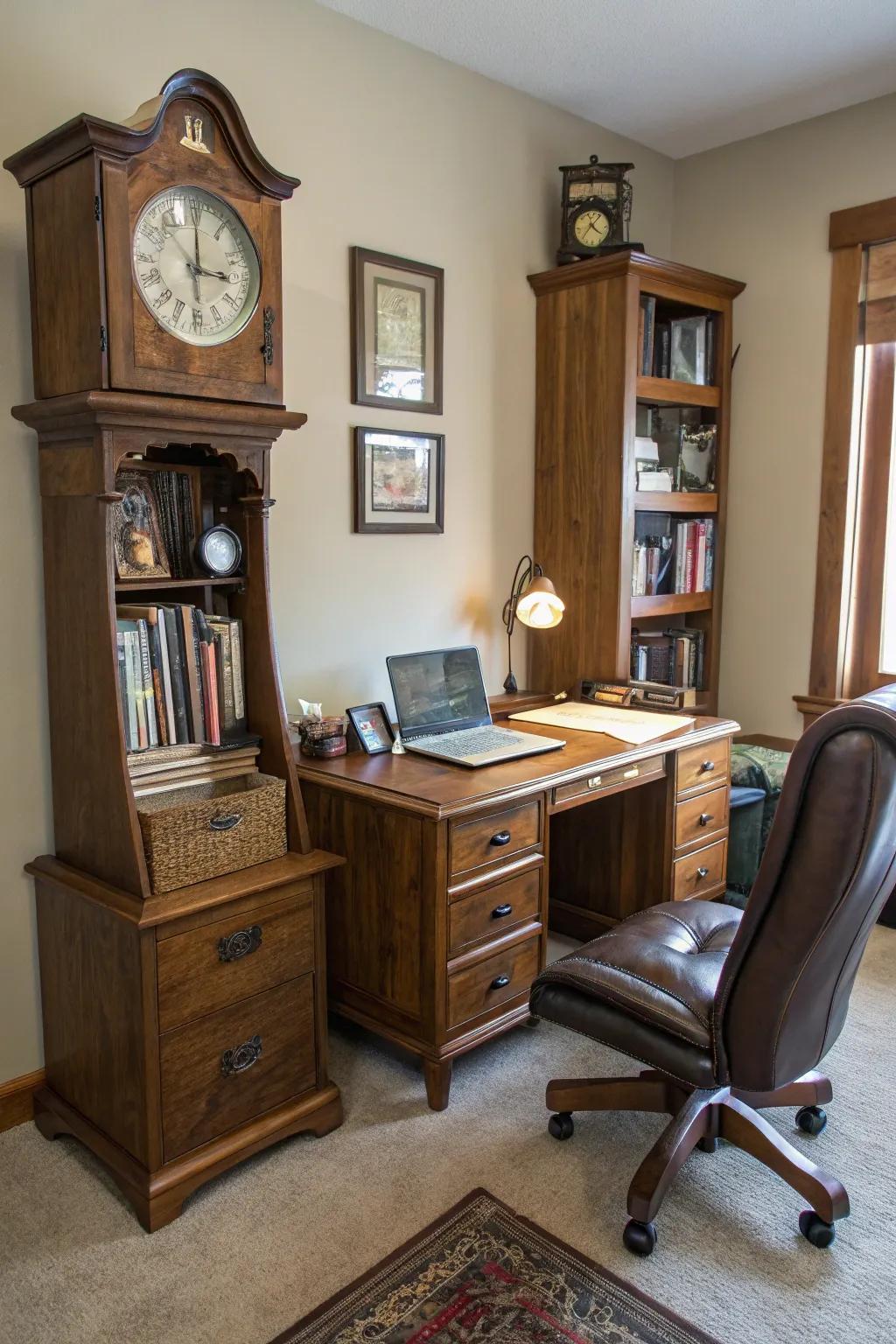A pendulum timepiece improves the elegance of a home office.
