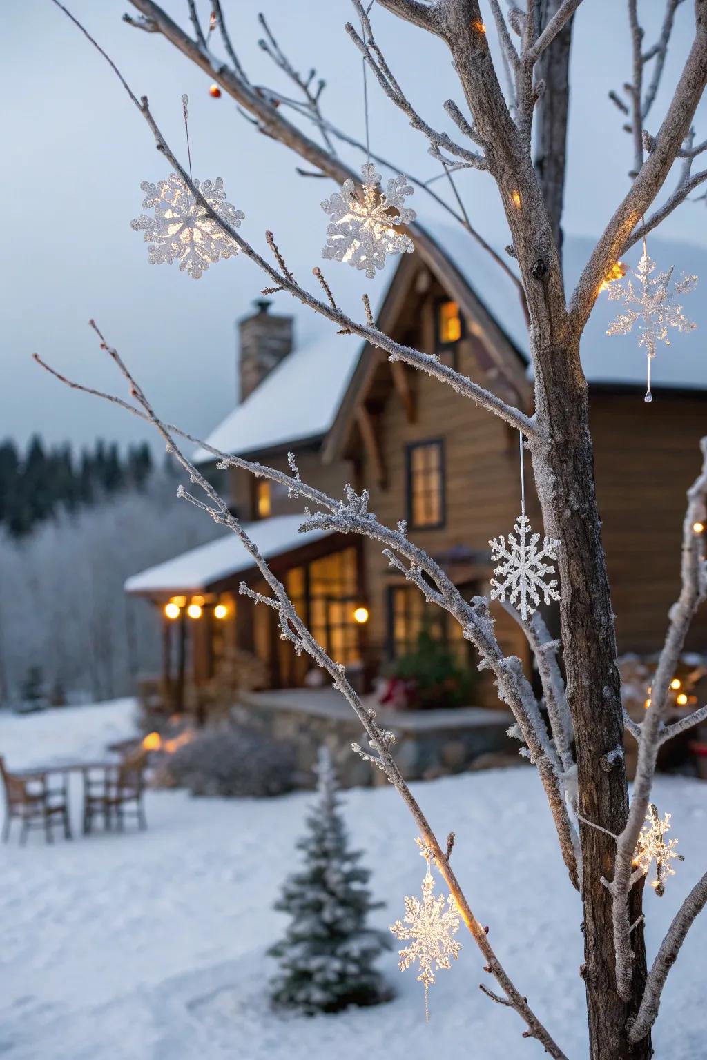 A grapevine tree turned into a winter wonderland with frosted decor.