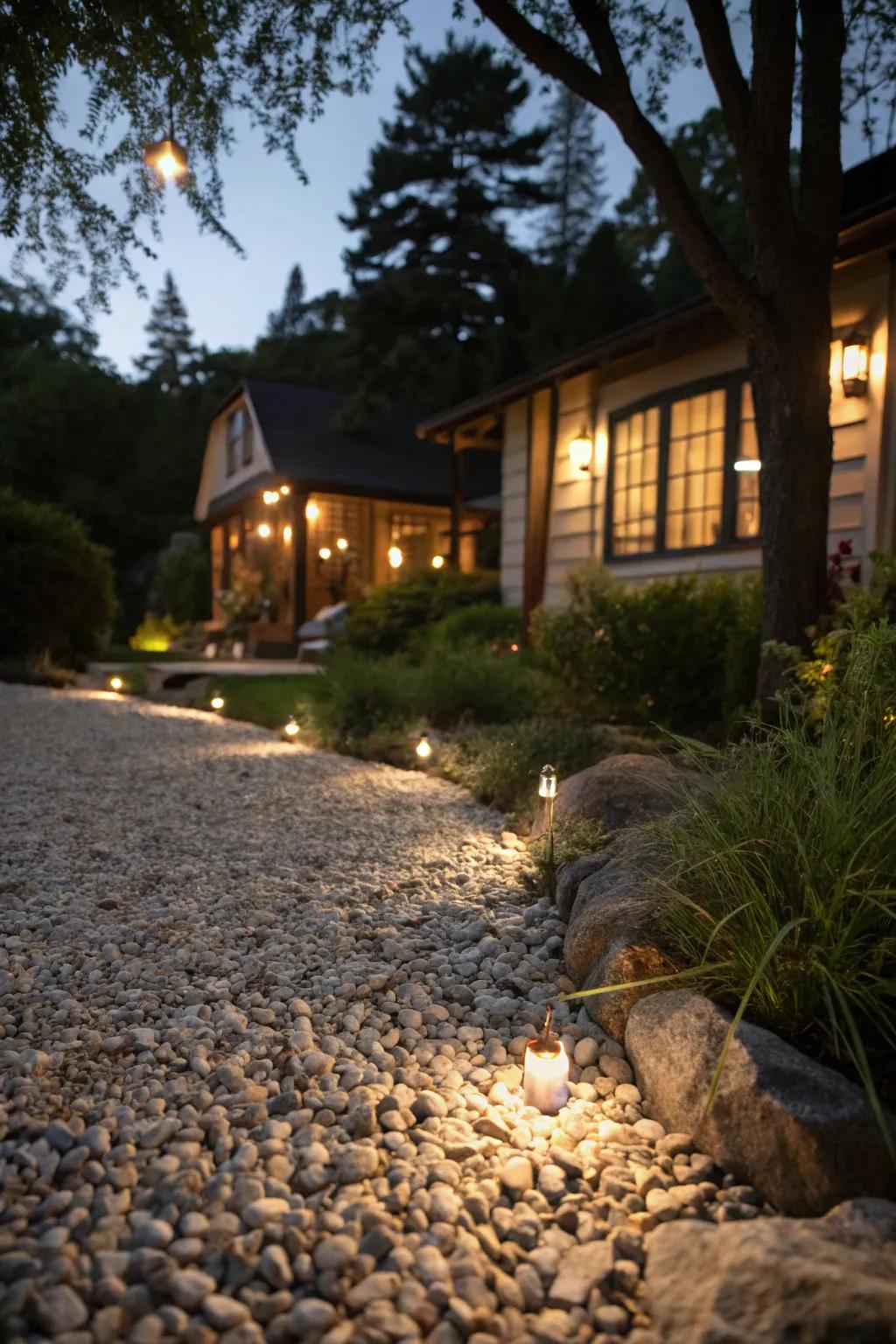 Subtle lighting accentuates stone features for a magical evening setting.