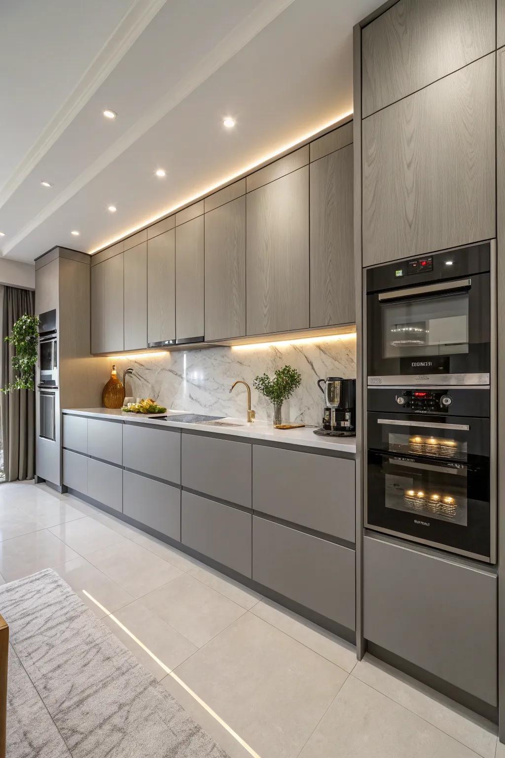 Integrated appliances ensure a smooth kitchen layout.