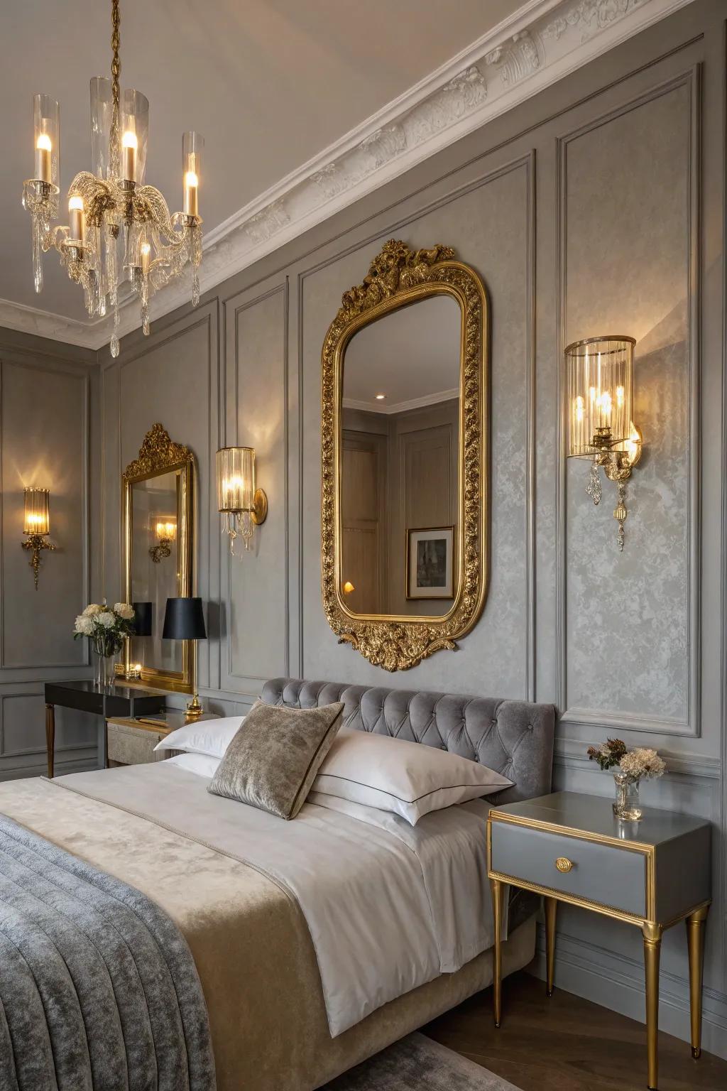 A glamorous gray bedroom showcasing gilded accents.