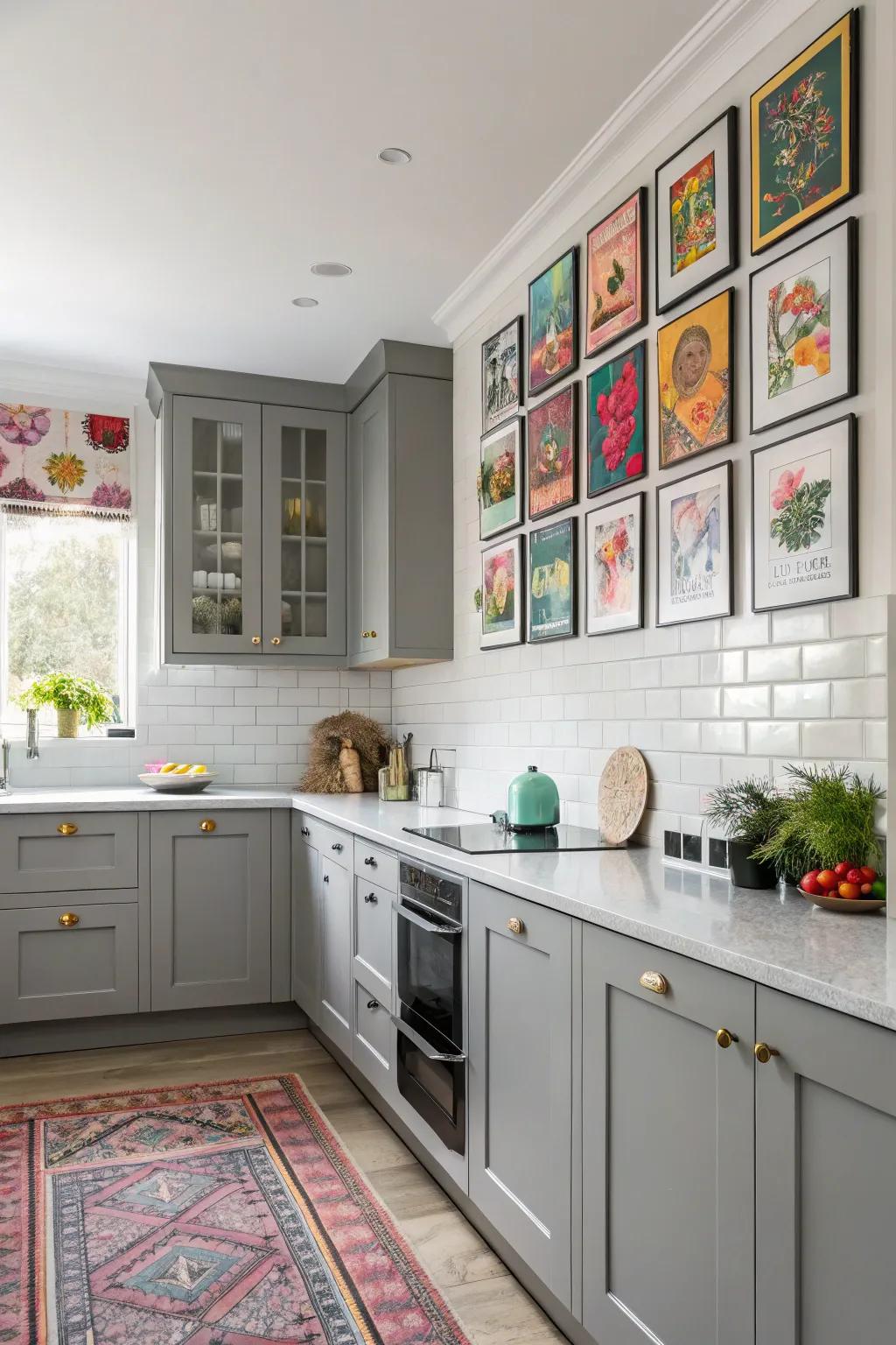 Statement wall art personalizing the kitchen, adding color and intrigue.