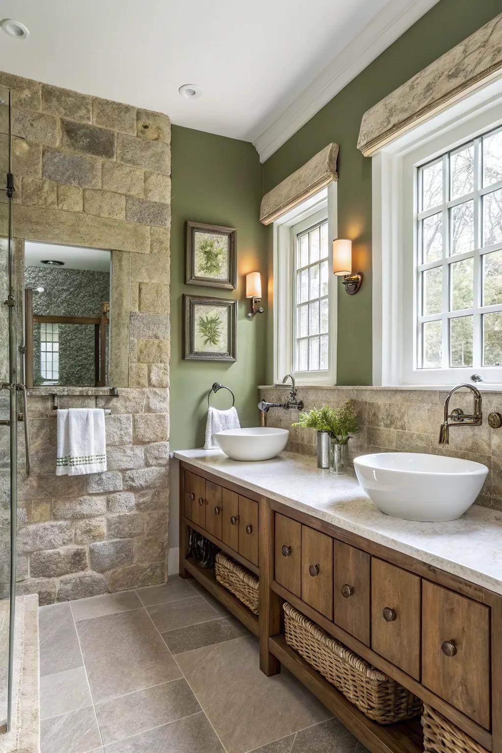 Olive green walls bring a spa-like atmosphere to this bathing space.