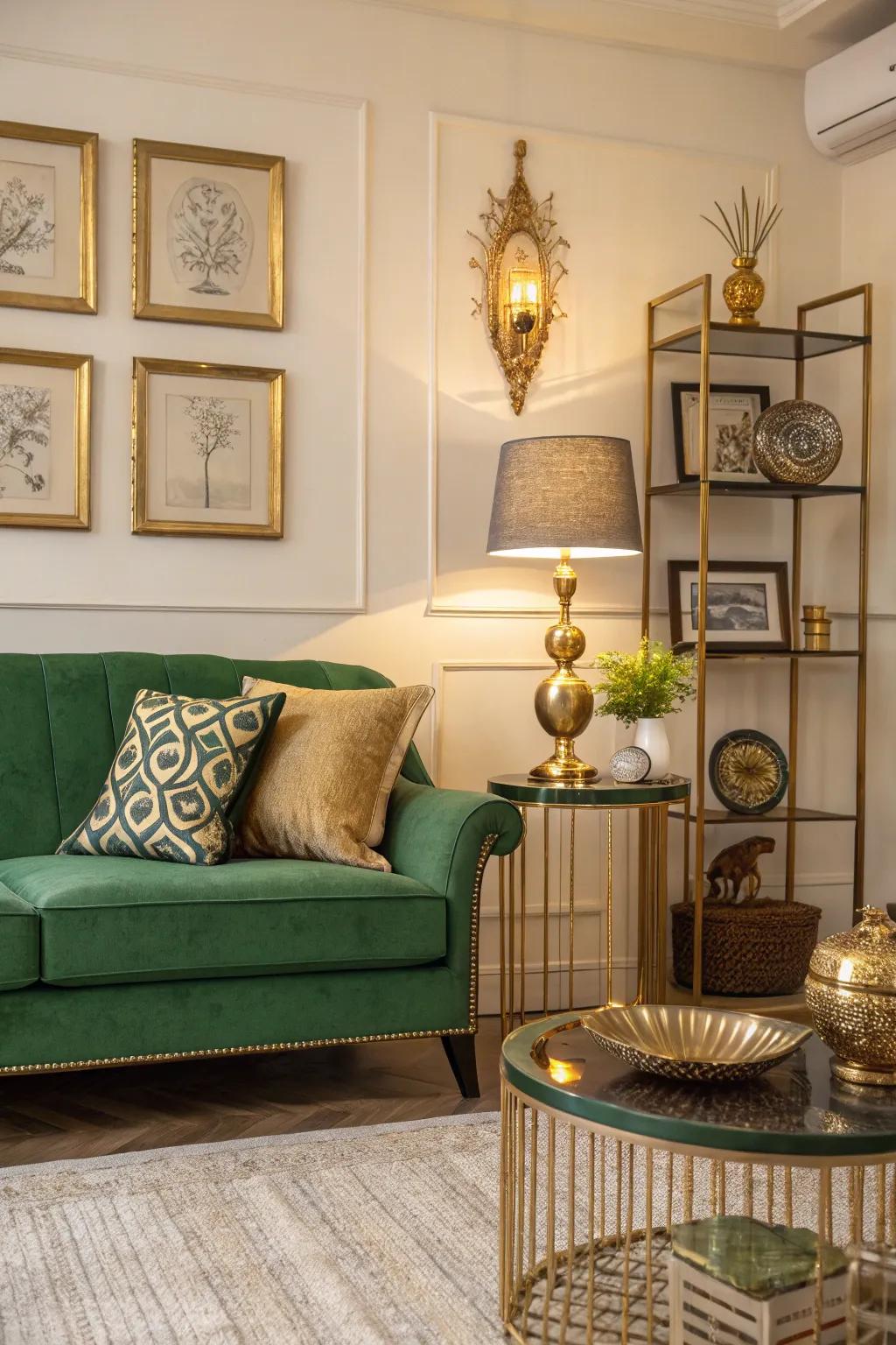 Metallic touches introduce a sense of elegance and luxury to a verdant couch setting.