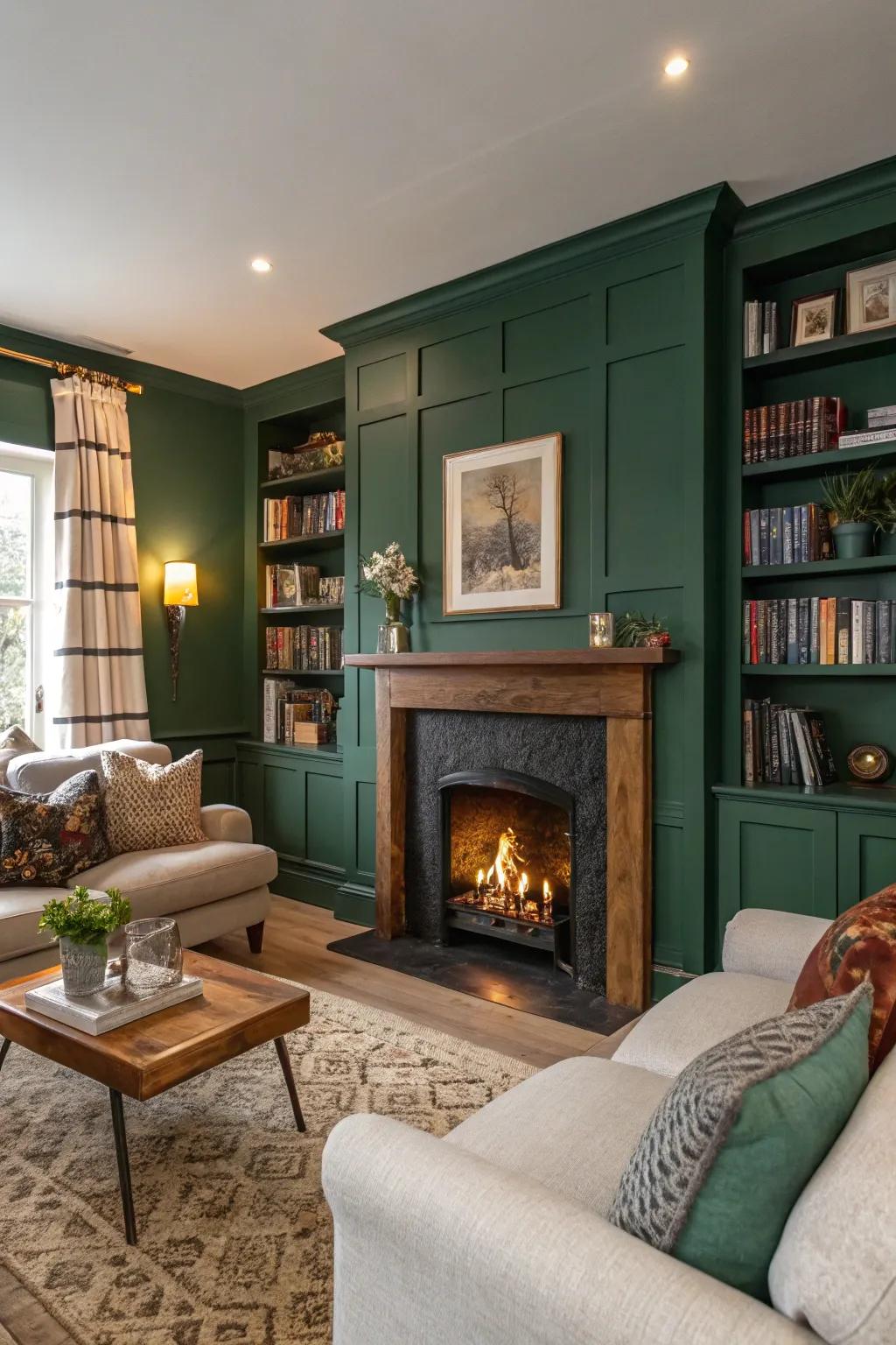 A dramatic living room with a deep green feature wall complementing the fireplace.