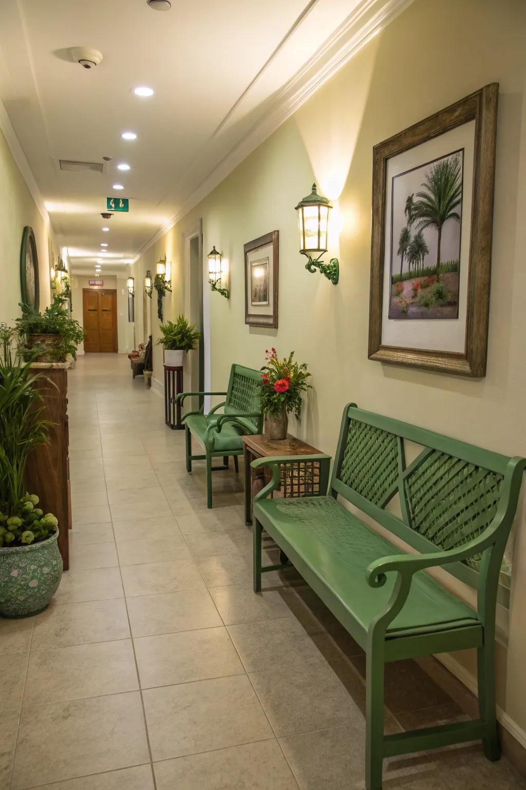 Green furniture enhances the cohesive design of this hallway.