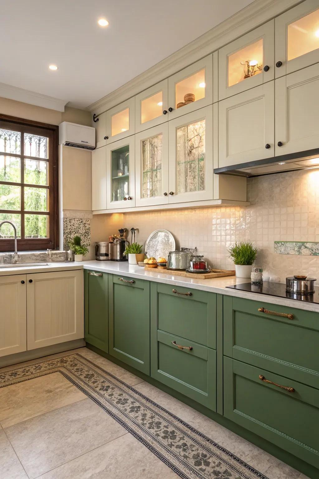 Dual-tone cabinetry enriches depth and individuality in a green kitchen.