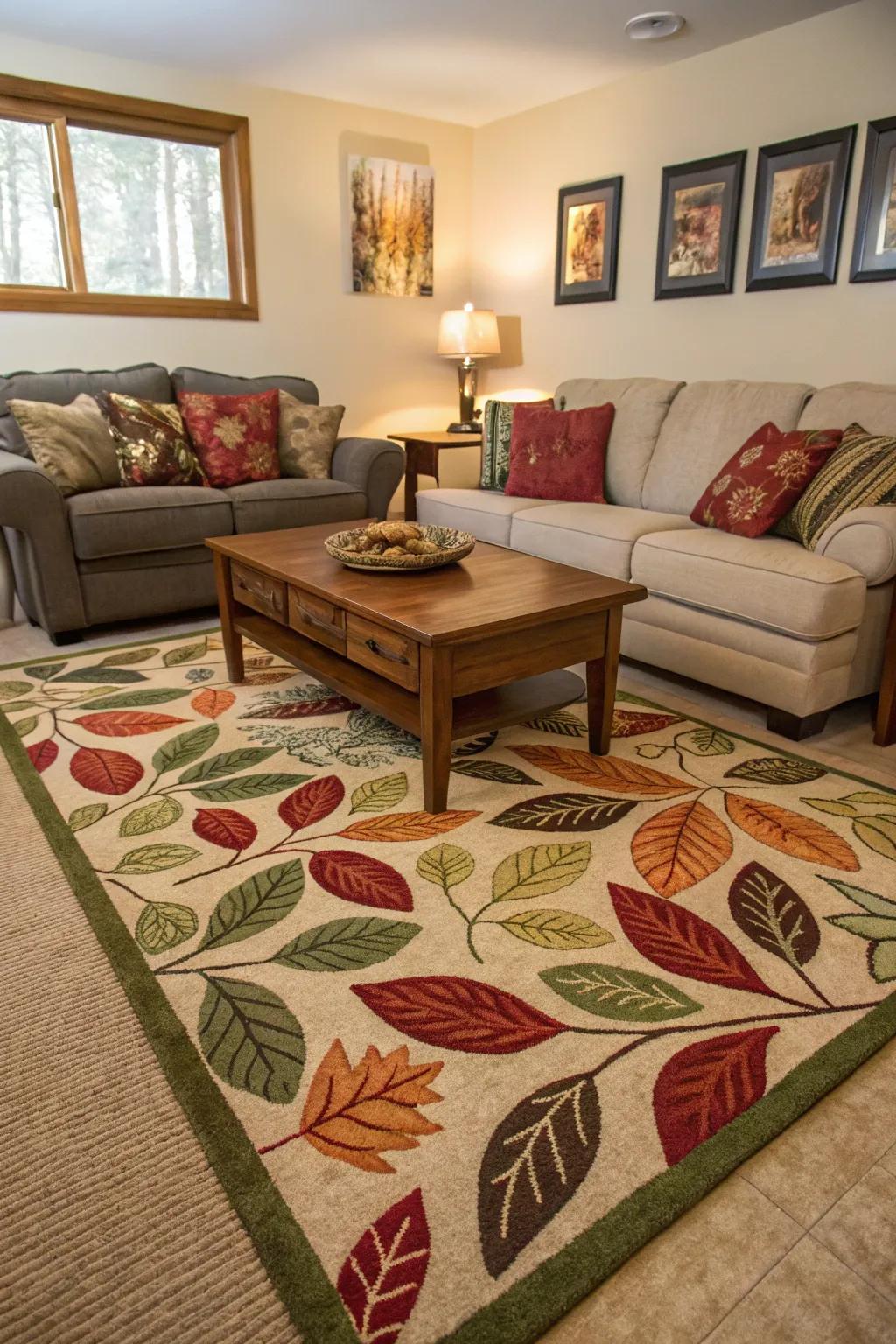 A botanical-themed rug can beautifully secure your space.