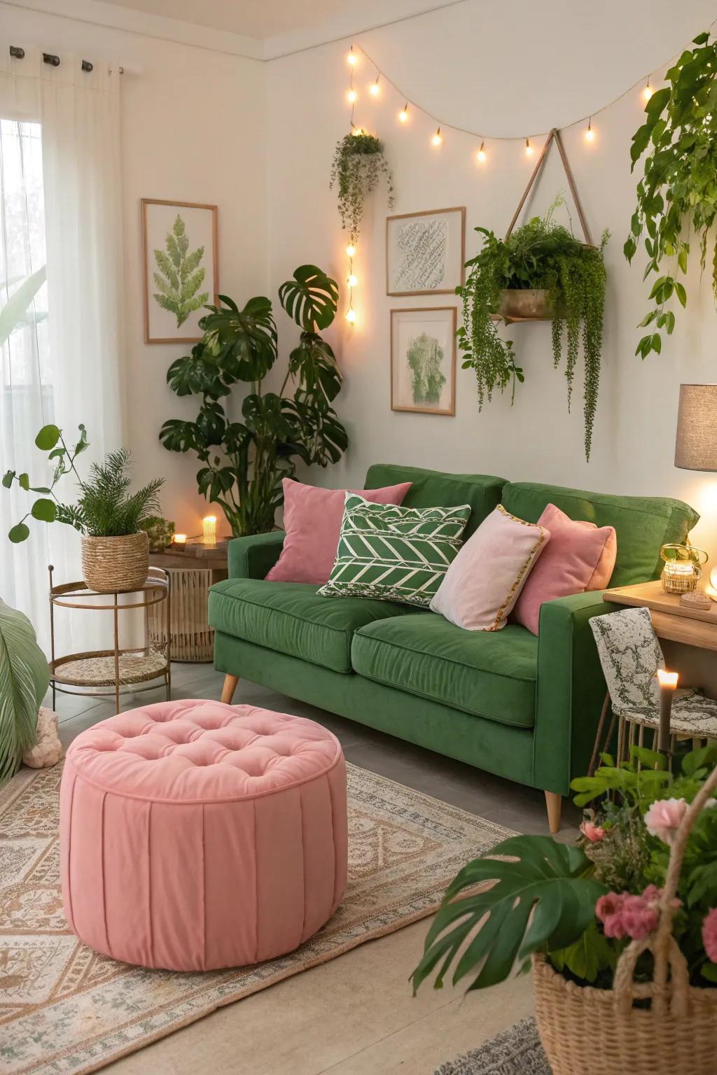 Green and pink together create a lively, soothing balance.
