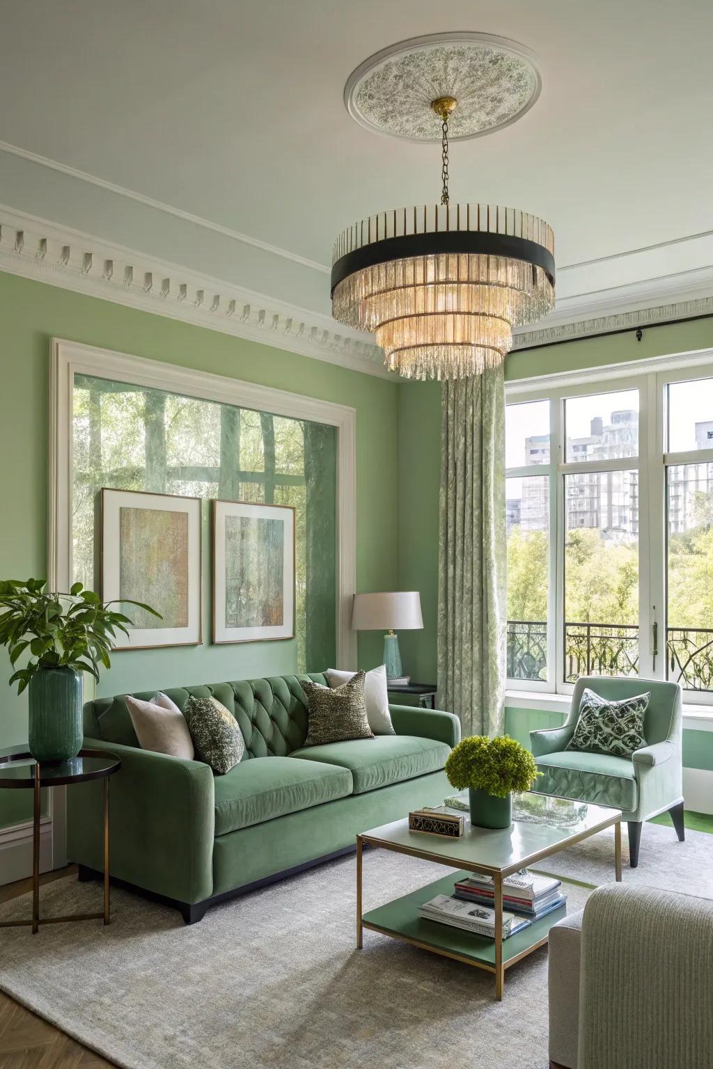 Both natural and artificial lighting enhance this green lounge.