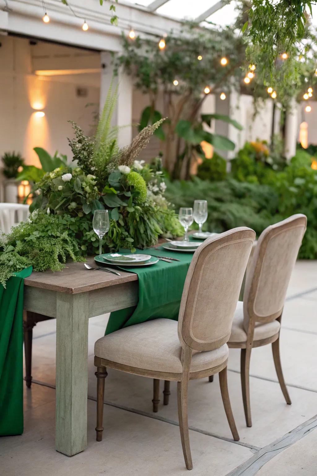 Chic muted chairs providing contrast to green arrangements.